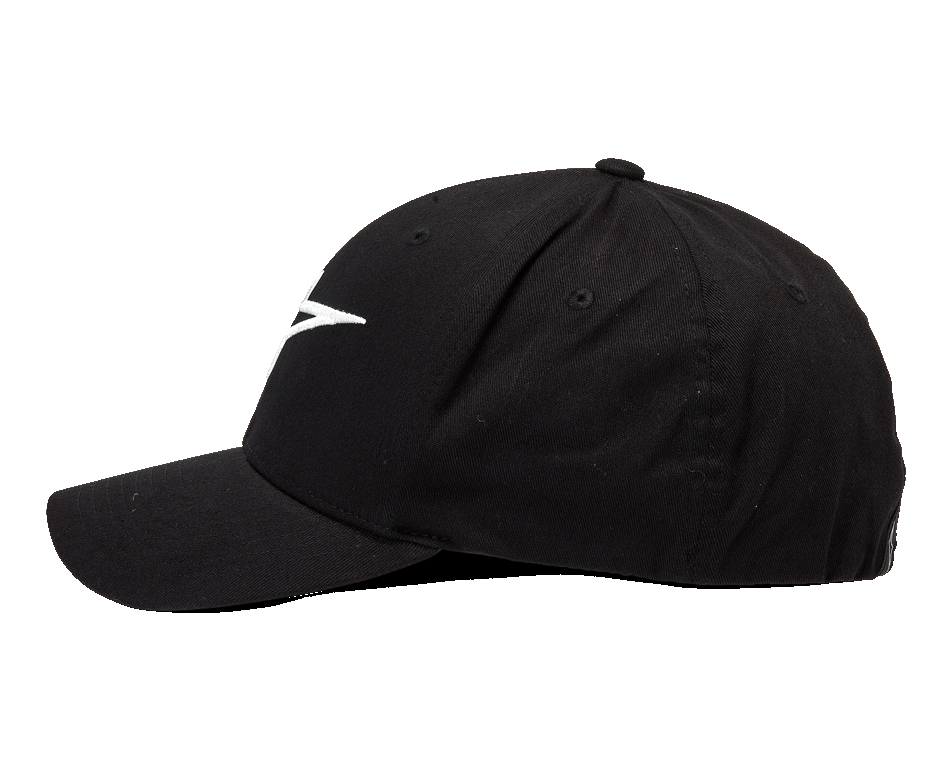 Alpinestars Ageless Curve Hat, Curved Bill Baseball Cap, Black with White 3D Embroidered Logo, Side Profile View, Twill Fabric, Casual Sportswear Style