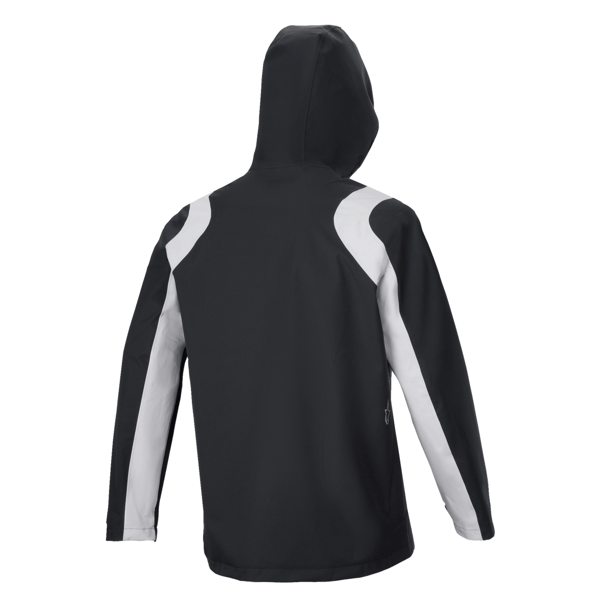 Casaco de Chuva Alpinestars A-Dura, preto e branco, vista traseira de casaco de chuva com capuz para mountain bike, painéis de contraste cinzento claro nos ombros e mangas
