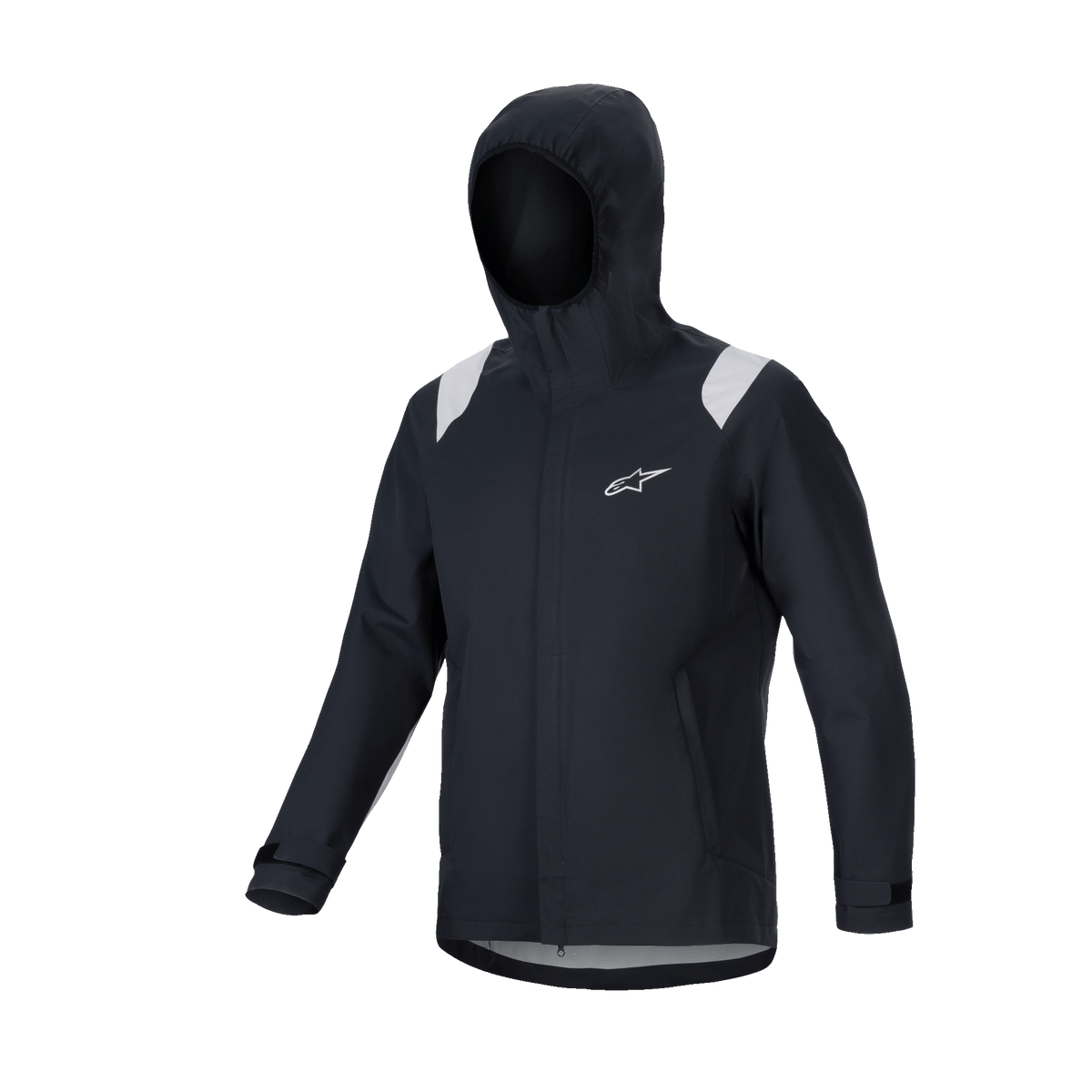 Casaco de Chuva Alpinestars A-Dura, casaco de chuva para MTB, preto com painéis cinzentos nos ombros, logótipo Astars branco no peito, design impermeável com capuz e membrana de 2,5 camadas, equipamento técnico funcional para ciclismo fora de estrada