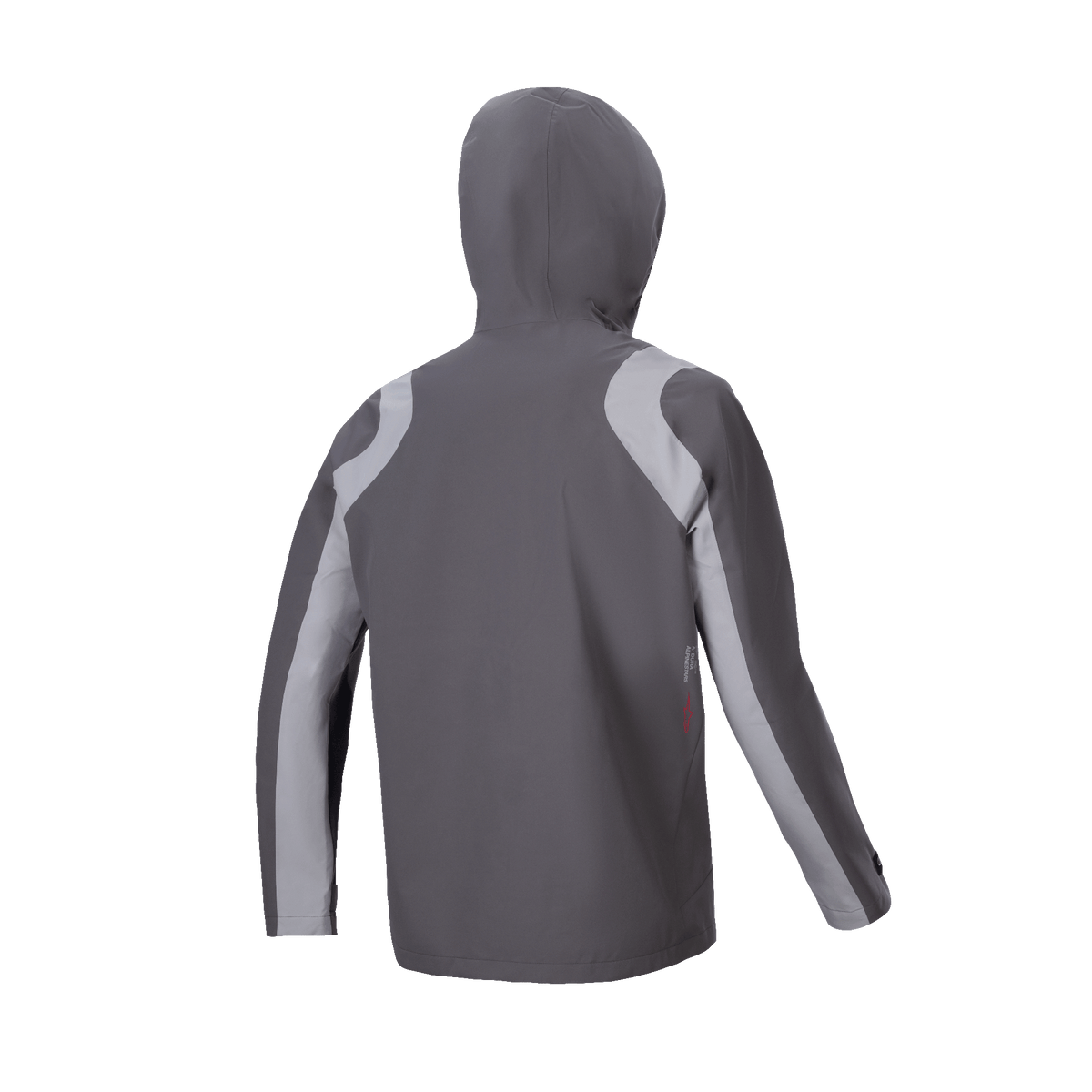 Alpinestars A-Dura Rain Jacket, casaco impermeável para MTB, titânio escuro e cinzento, vista traseira com o capuz levantado, com painéis curvos em cinzento claro nos ombros e mangas, design técnico para ciclismo em condições de chuva