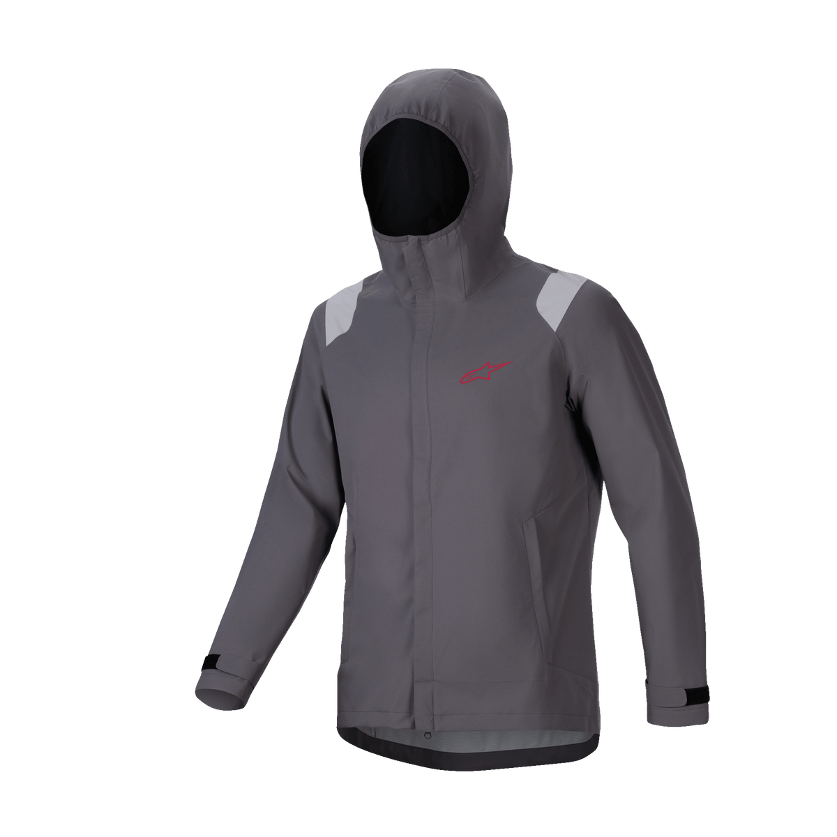 Alpinestars A-Dura Rain Jacket, casaco impermeável para BTT, cinza titanium escuro, design com capuz e logótipo de estrela vermelho, detalhes cinza claro nos ombros, punhos ajustáveis com velcro, equipamento técnico impermeável de performance para MTB.