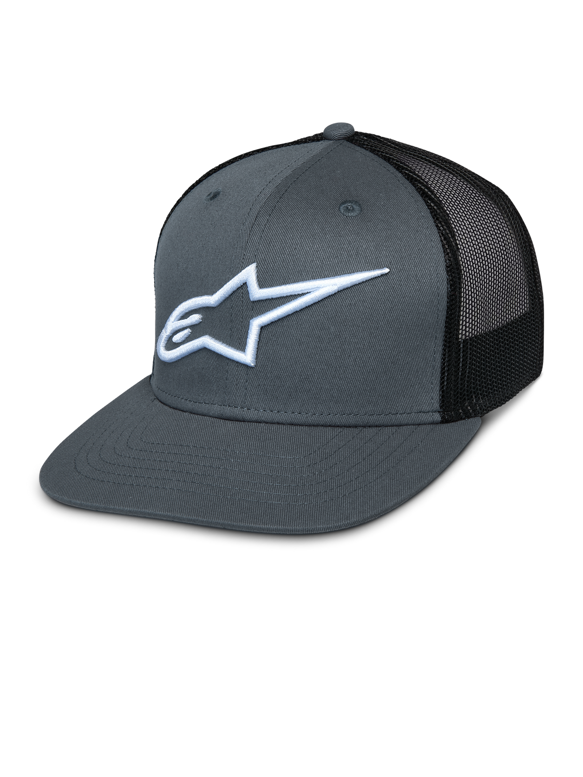 Alpinestars Corp Trucker Cap, frente cinzenta e rede traseira preta, logótipo de estrela bordado a branco, pala plana, coroa estruturada, painel traseiro em rede respirável