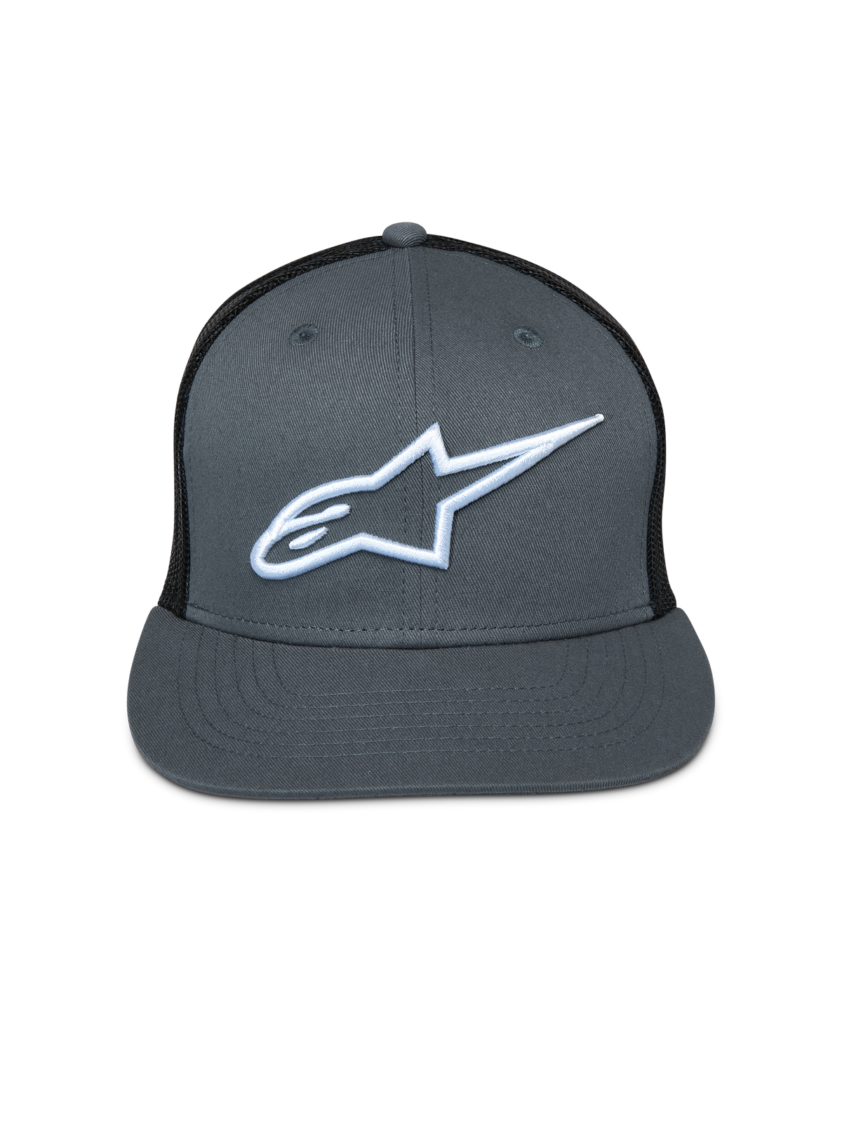 Boné Alpinestars Corp Trucker, frente cinzenta com parte traseira em malha preta, aba plana, logótipo Astar bordado a branco, acessório casual de desportos motorizados