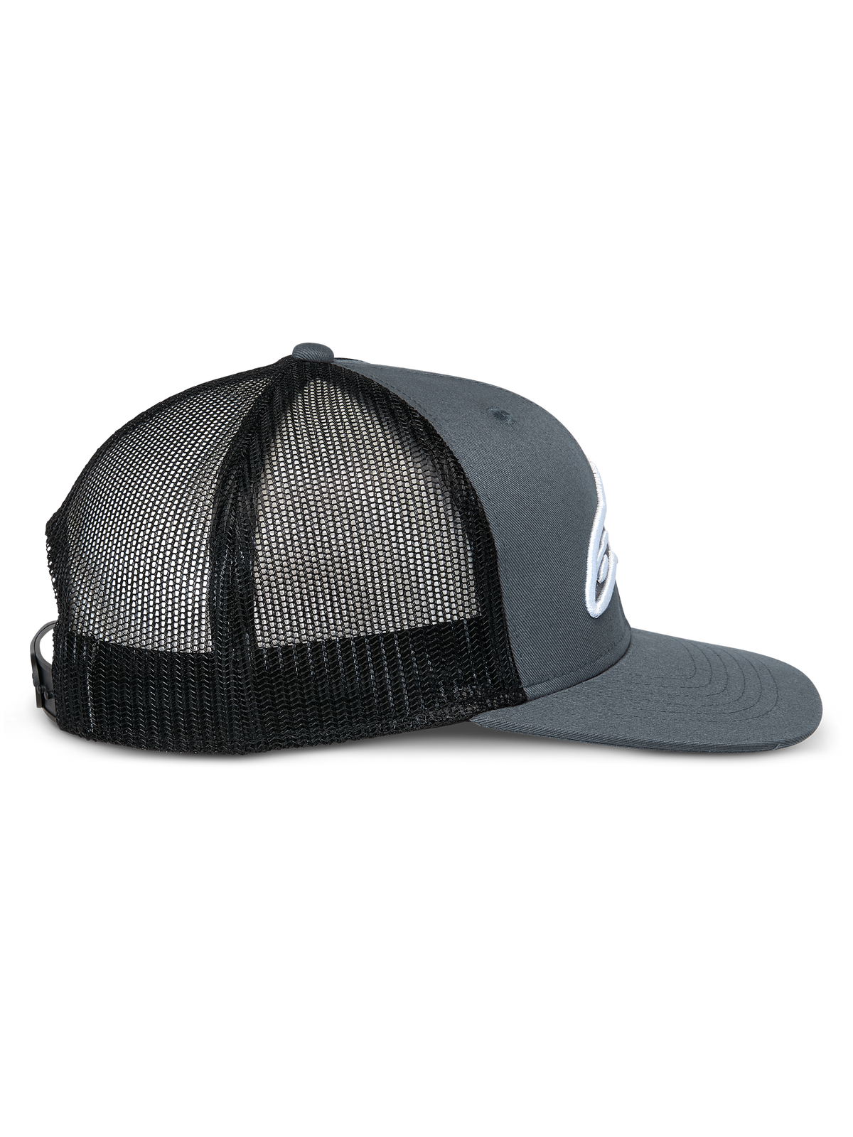 Boné Trucker Corp da Alpinestars, perfil lateral, frente e pala em sarja cinzenta com painéis traseiros em malha preta, pala plana, coroa estruturada, logótipo bordado a branco, acessório de cabeça casual de motorsport