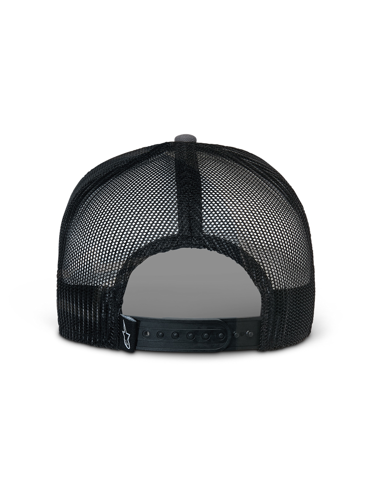 Boné Alpinestars Corp Trucker, cinzento e preto, vista traseira com painéis de malha pretos e fecho snapback ajustável, pequeno logótipo de estrela branca numa etiqueta traseira preta, acessório casual de estilo desportivo