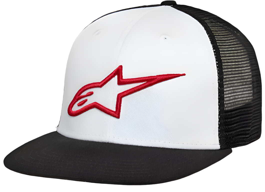 Alpinestars Corp Trucker Hat, painel frontal branco com aba reta preta e parte traseira em rede preta, com logótipo de estrela Alpinestars bordado em 3D a vermelho, streetwear casual de desportos motorizados