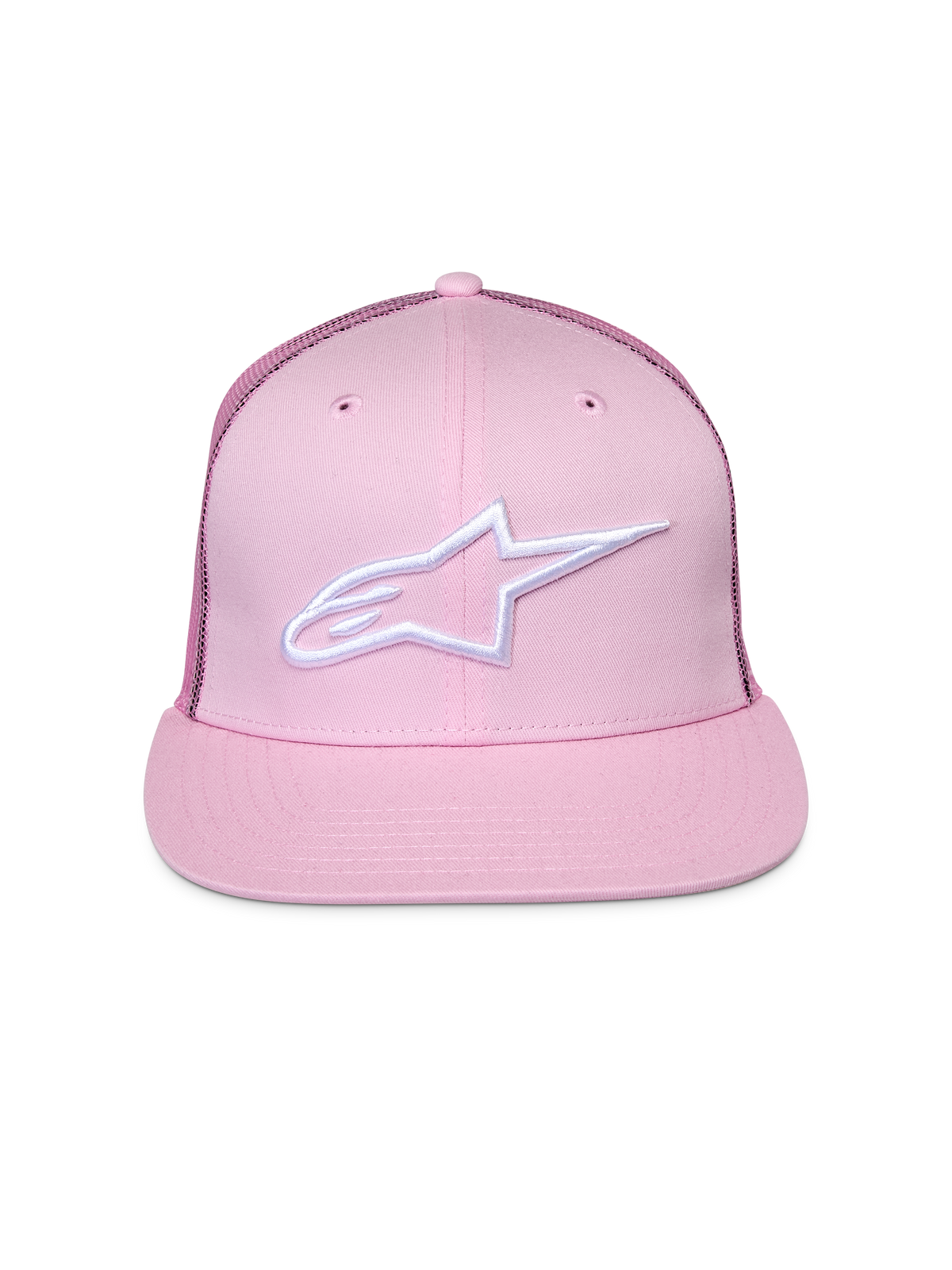 Alpinestars Corp Trucker Hat, cor-de-rosa, com logótipo branco bordado na frente, aba plana com coroa estruturada, painéis traseiros em malha, acessório casual de motorsport