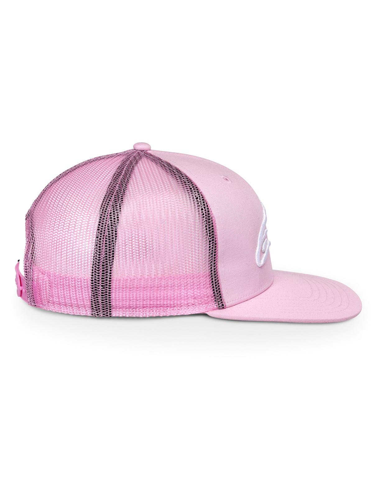 Boné Alpinestars Corp Trucker, cor-de-rosa, vista de perfil lateral, coroa estruturada com aba plana, frente em sarja e parte traseira em malha, fecho snapback ajustável, acessório de estilo desportivo casual