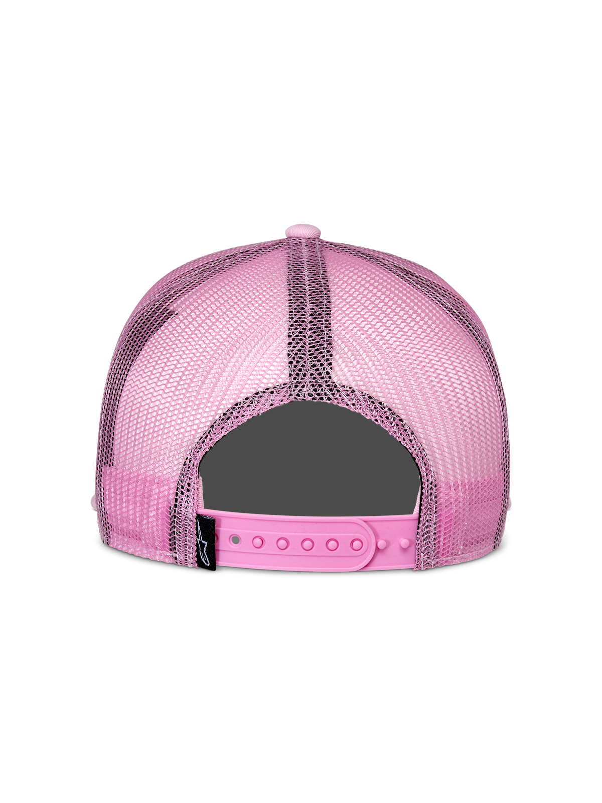 Alpinestars Corp Trucker Hat, boné rosa, vista traseira, com painéis traseiros em malha rosa e fecho snapback ajustável, acessório casual inspirado no desporto motorizado