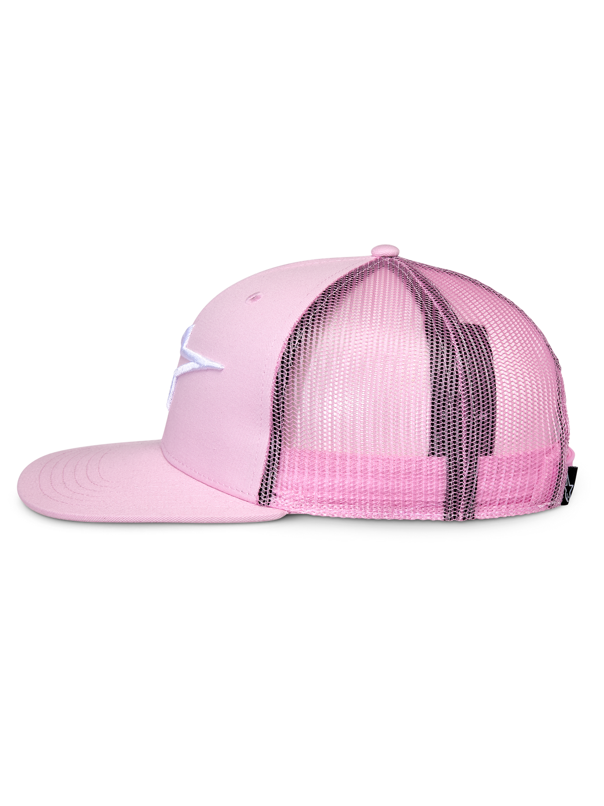 Boné Trucker Alpinestars Corp, cor-de-rosa, perfil lateral, aba plana e coroa estruturada, logótipo bordado branco na frente de sarja, malha traseira cor-de-rosa, fecho snapback ajustável, vestuário desportivo casual