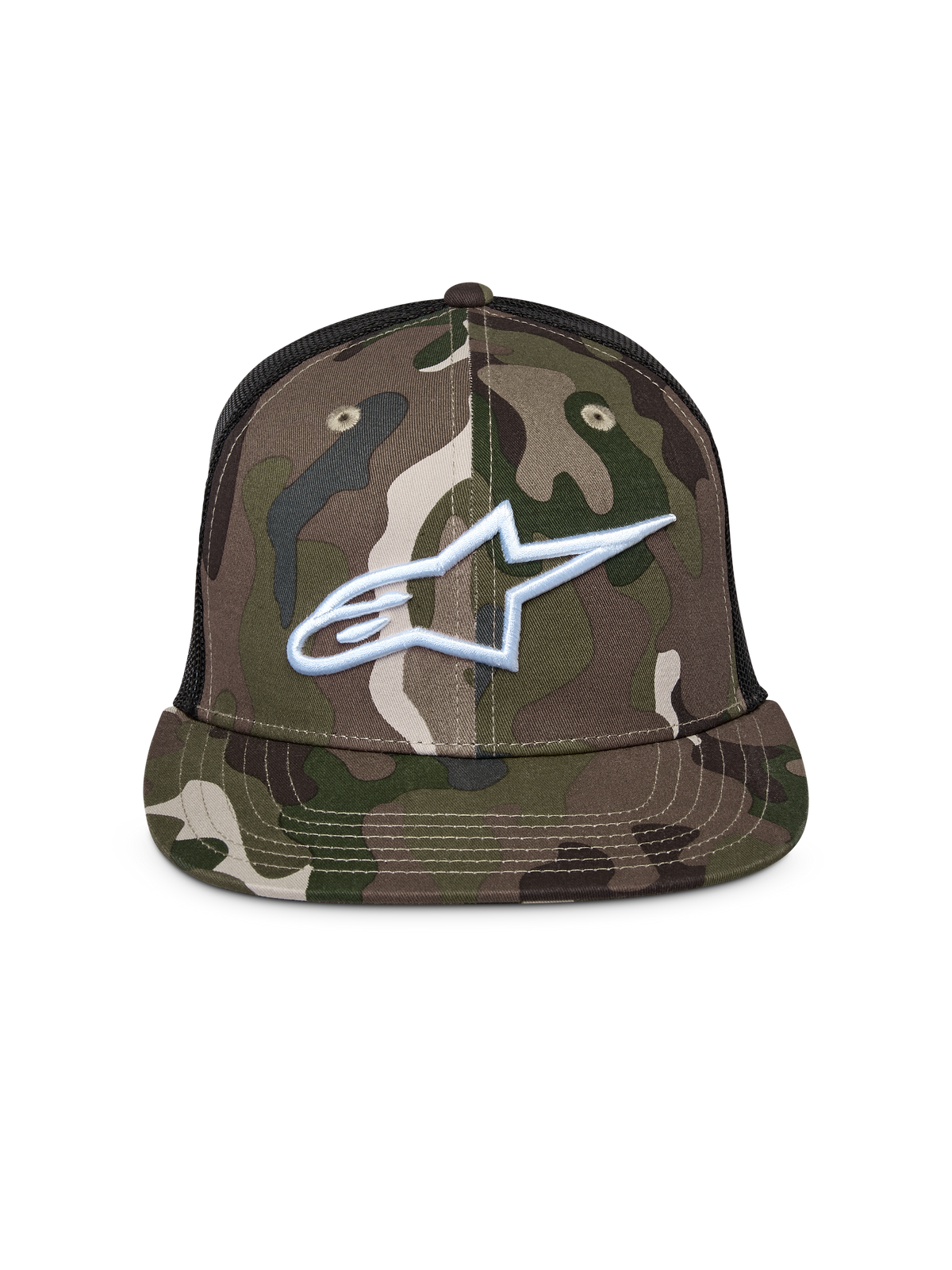 Boné Trucker Alpinestars Corp, Camuflado Verde e Preto, boné trucker de pala plana com parte traseira em malha, com o logótipo Alpinestars bordado a branco na frente, estilo casual motorsport streetwear
