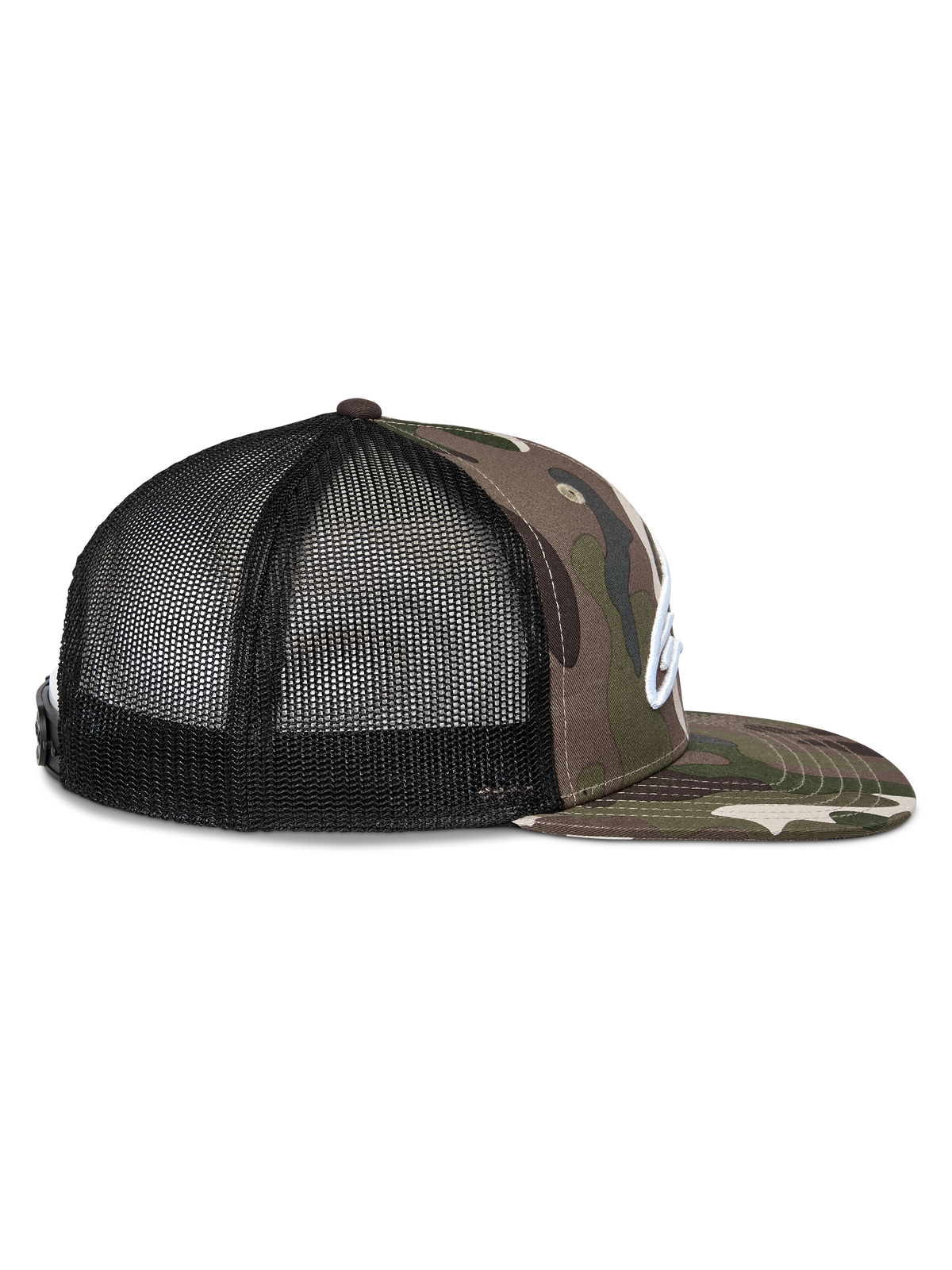 Alpinestars Corp Trucker Hat, vista lateral, camuflado verde e preto, aba plana com padrão camuflado, painéis traseiros em malha preta, logótipo bordado a branco, acessório casual de motorsport