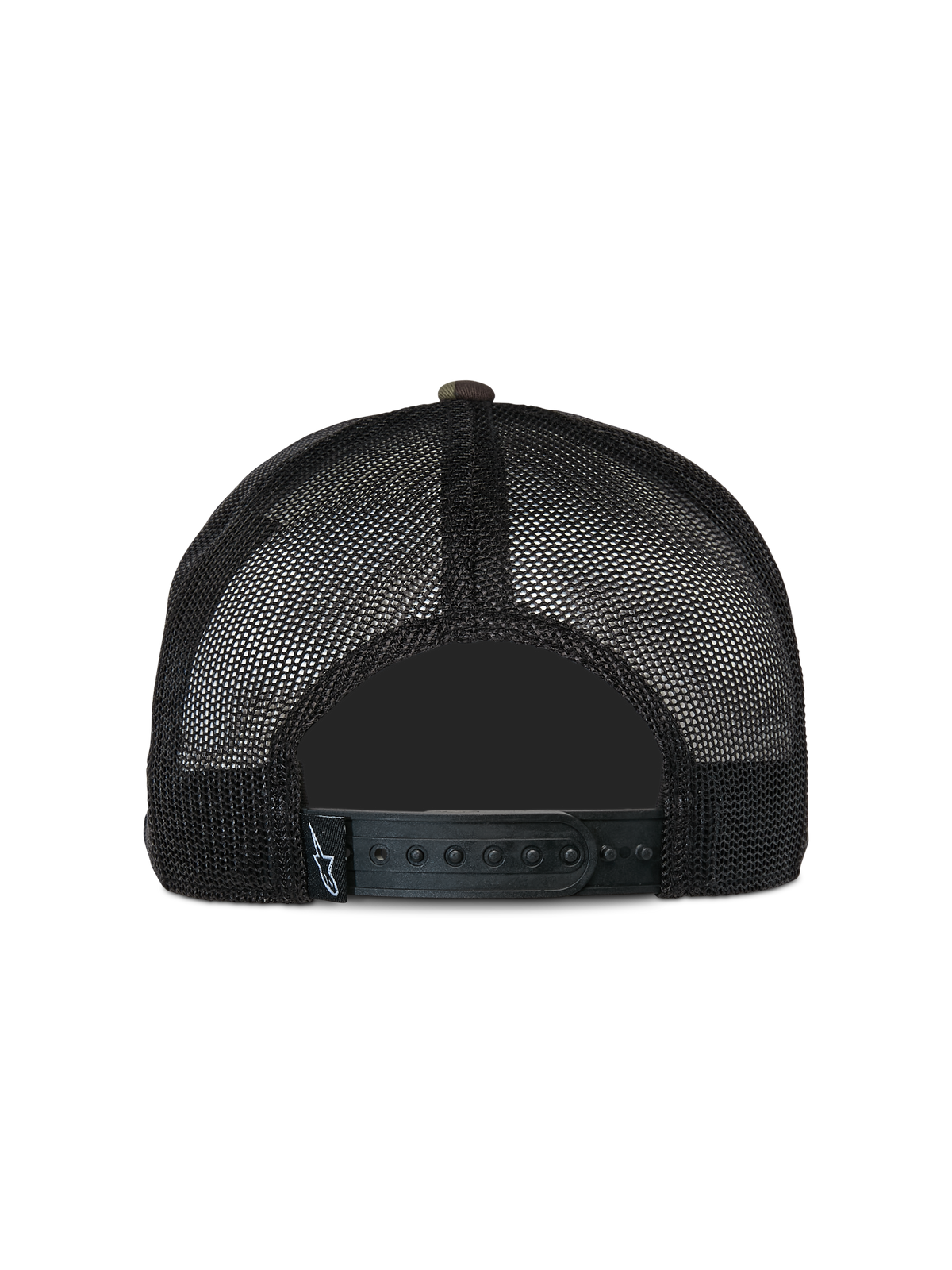 Boné Alpinestars Corp Trucker, boné trucker casual, camuflado verde e preto, vista traseira com painéis de malha pretos e fecho snapback ajustável, pequena etiqueta tecida com logótipo, design clássico inspirado no desporto motorizado