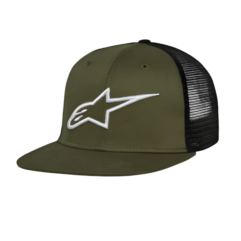 Alpinestars Corp Trucker Hat, boné trucker de aba reta, verde militar e preto, logótipo Alpinestars branco bordado em 3D na parte frontal, frente em sarja e malha na parte traseira, acessório casual de desportos motorizados
