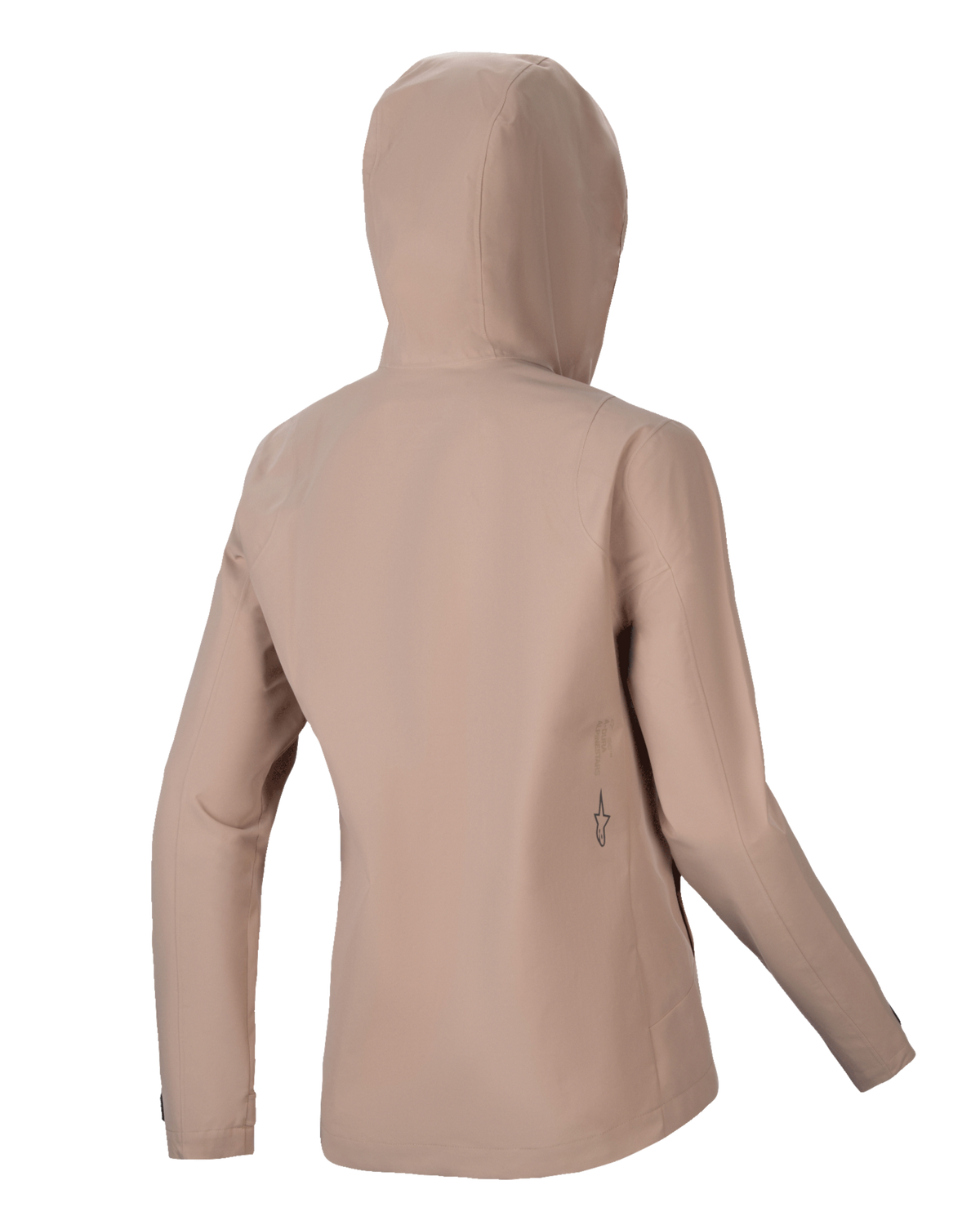 Alpinestars Stella A-Dura Rain Jacket, casaco de ciclismo impermeável para mulher, castanho claro, vista traseira com capuz e silhueta simples, detalhe subtil do logótipo em preto na zona lombar, construção técnica impermeável de 2,5 camadas para BTT