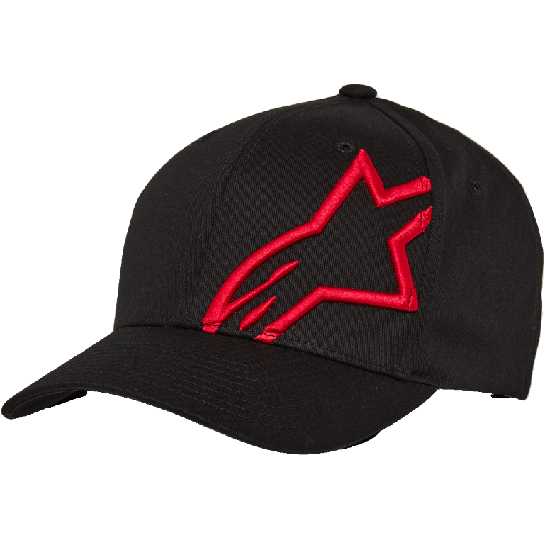 Alpinestars Corp Shift 2 Curved Brim Baseball Cap, boné de basebol preto com um grande logótipo de estrela bordado a plano em vermelho no painel frontal esquerdo, pala curva Flexfit, construção de seis painéis, acessório casual inspirado no desporto motorizado