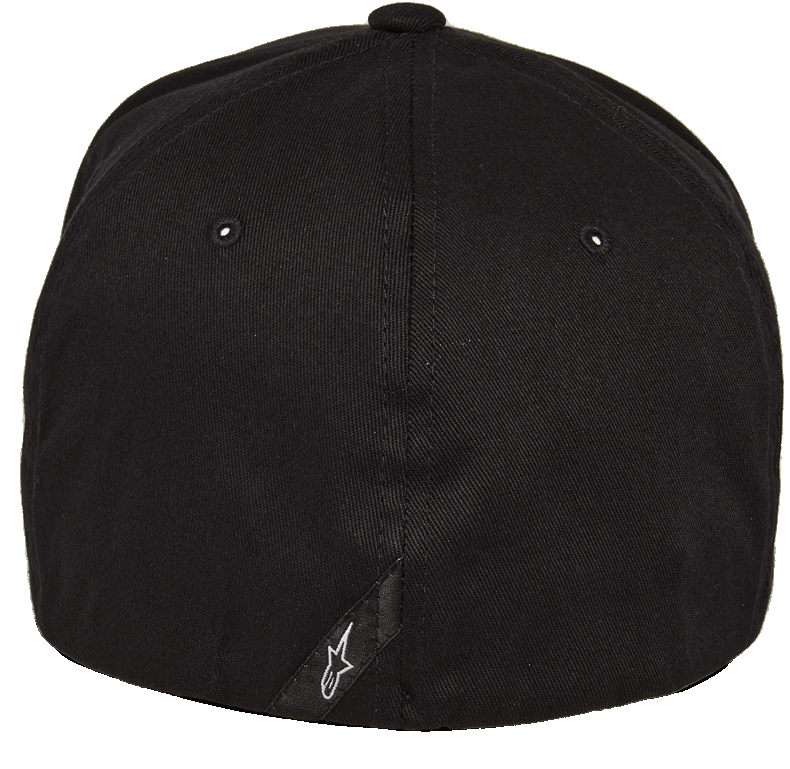 Alpinestars Corp Shift 2, boné de pala curva, preto, vista traseira com pequeno logótipo Astars branco em etiqueta de camurça diagonal, design casual Flexfit inspirado no desporto motorizado