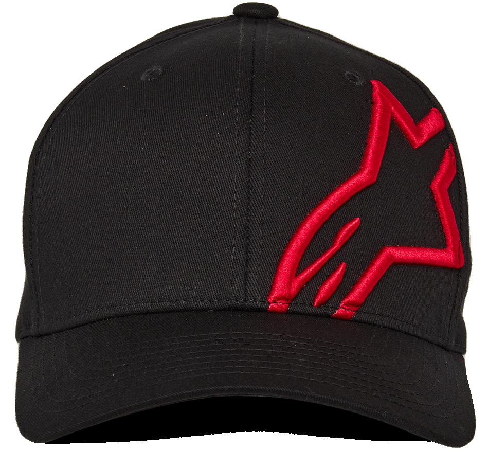 Alpinestars Corp Shift 2 Curved Brim, boné de basebol, preto com bordado vermelho, logótipo Astars plano no painel frontal esquerdo, acessório casual de desportos motorizados