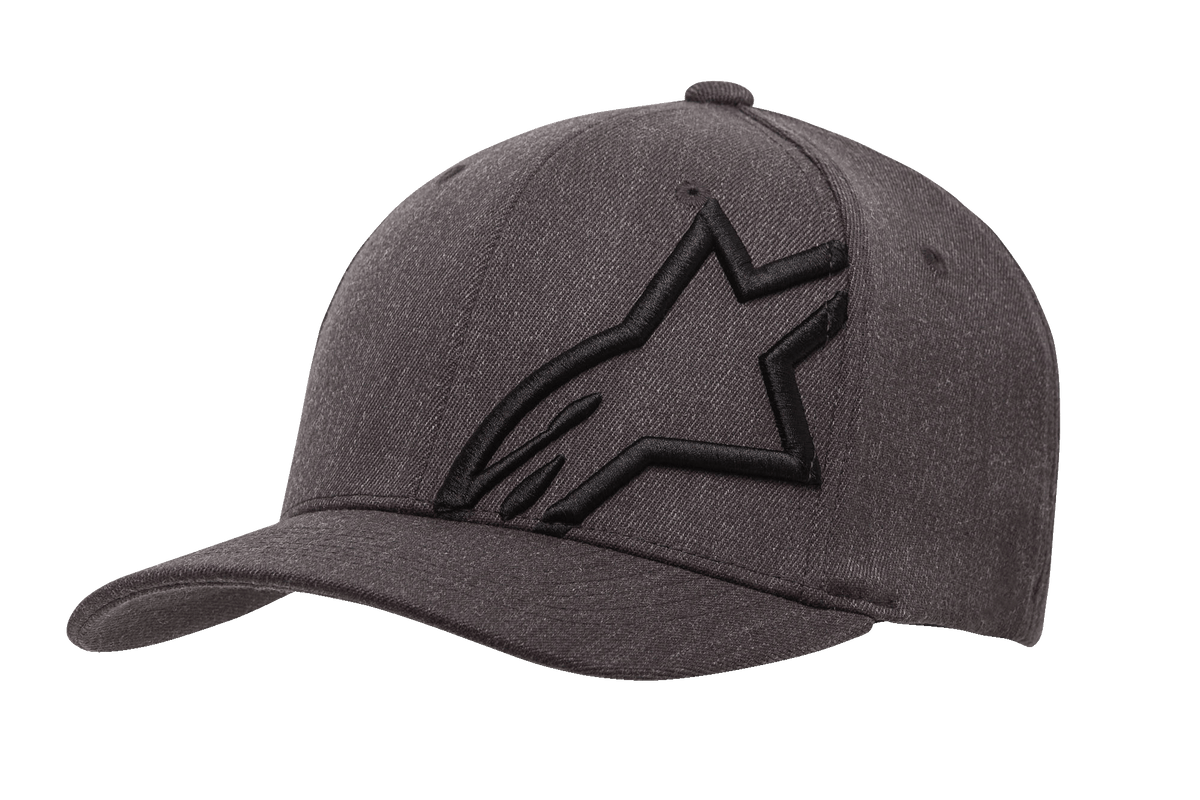Boné Alpinestars Corp Shift 2 Curved Bill, boné de basebol cinzento mesclado escuro e preto, com um grande logótipo de estrela preto bordado no painel frontal esquerdo, design de pala curva, tecido texturizado com orifícios de ventilação, acessório casual inspirado no desporto motorizado