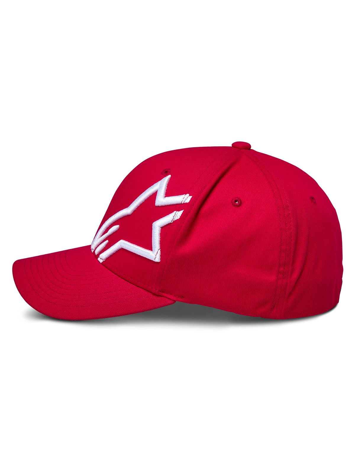 Boné Alpinestars Corp Shift 2 Curved Brim, vermelho, com logótipo Alpinestars bordado em 3D a branco no painel esquerdo, vista lateral, coroa estruturada com aba curva, acessório casual inspirado no desporto motorizado