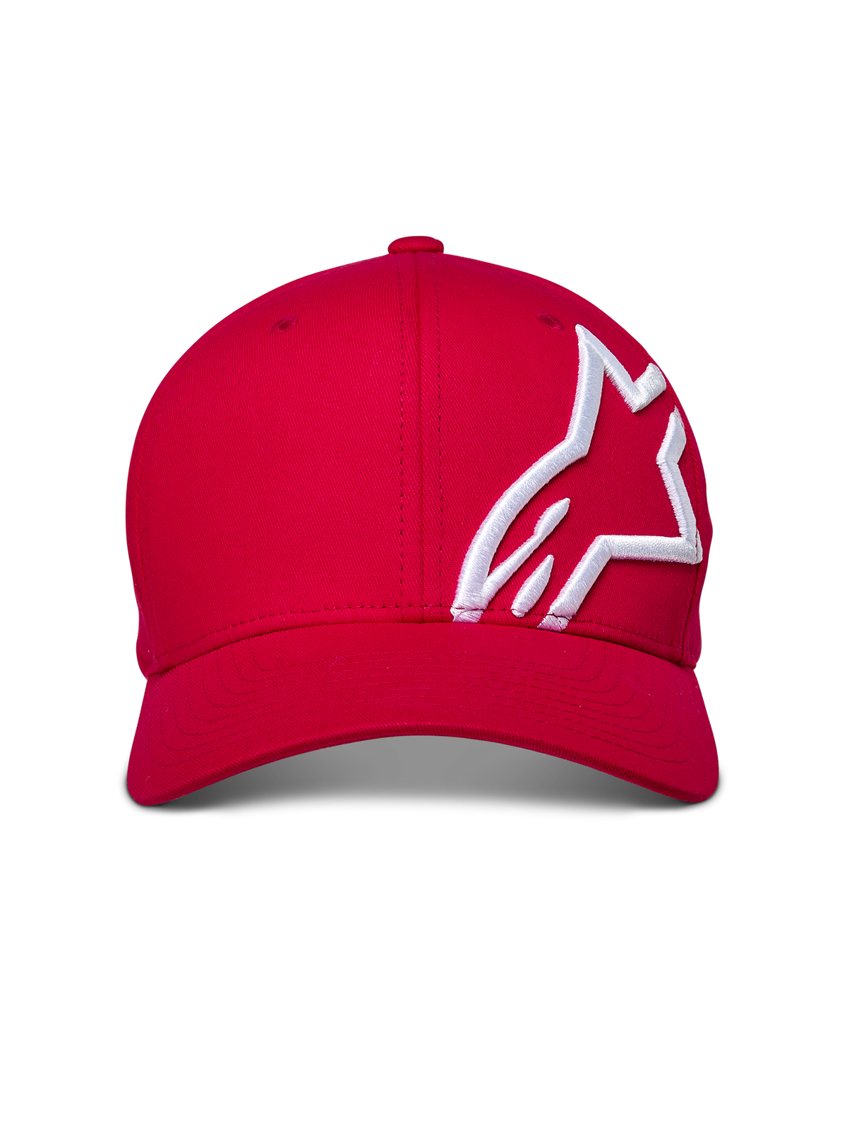 Boné Alpinestars Corp Shift 2 Curved Brim, vermelho, logótipo bordado em 3D branco no painel lateral, coroa estruturada, pala curva, estilo casual motorsport streetwear
