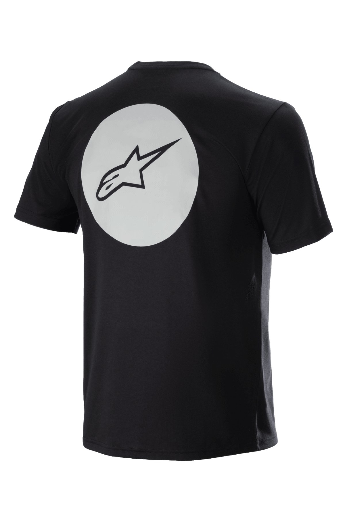 Alpinestars Dot Tech Tee, camisola de ciclismo de manga curta, preta, vista traseira com grande círculo branco e logótipo A-star preto, tecido DriRelease que absorve a humidade para BTT