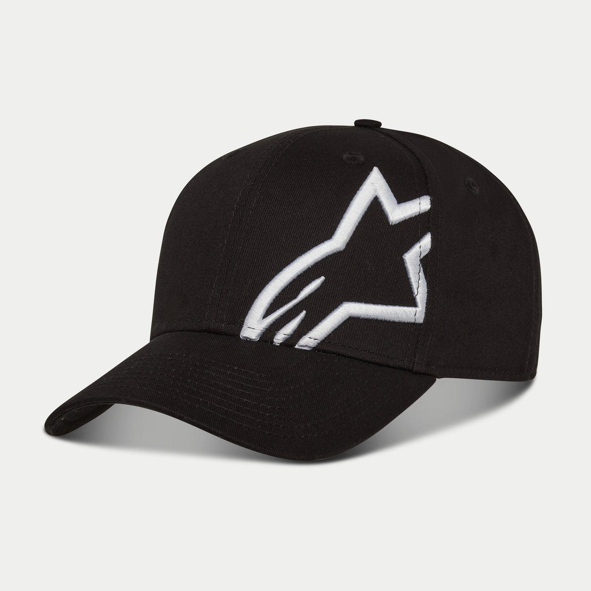 Boné Alpinestars Corp Snap 2, preto e branco, com pala curva e coroa estruturada, logótipo Alpinestars grande bordado em 3D a branco no painel esquerdo, design clássico snapback