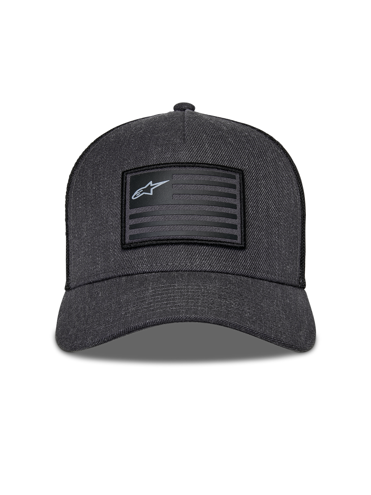 Alpinestars Flag Snapback Hat, Charcoal Heather and Black, front view featuring a structured crown and curved bill, rectangular flag-style patch with Alpinestars logo and stripes, casual motorsport streetwear