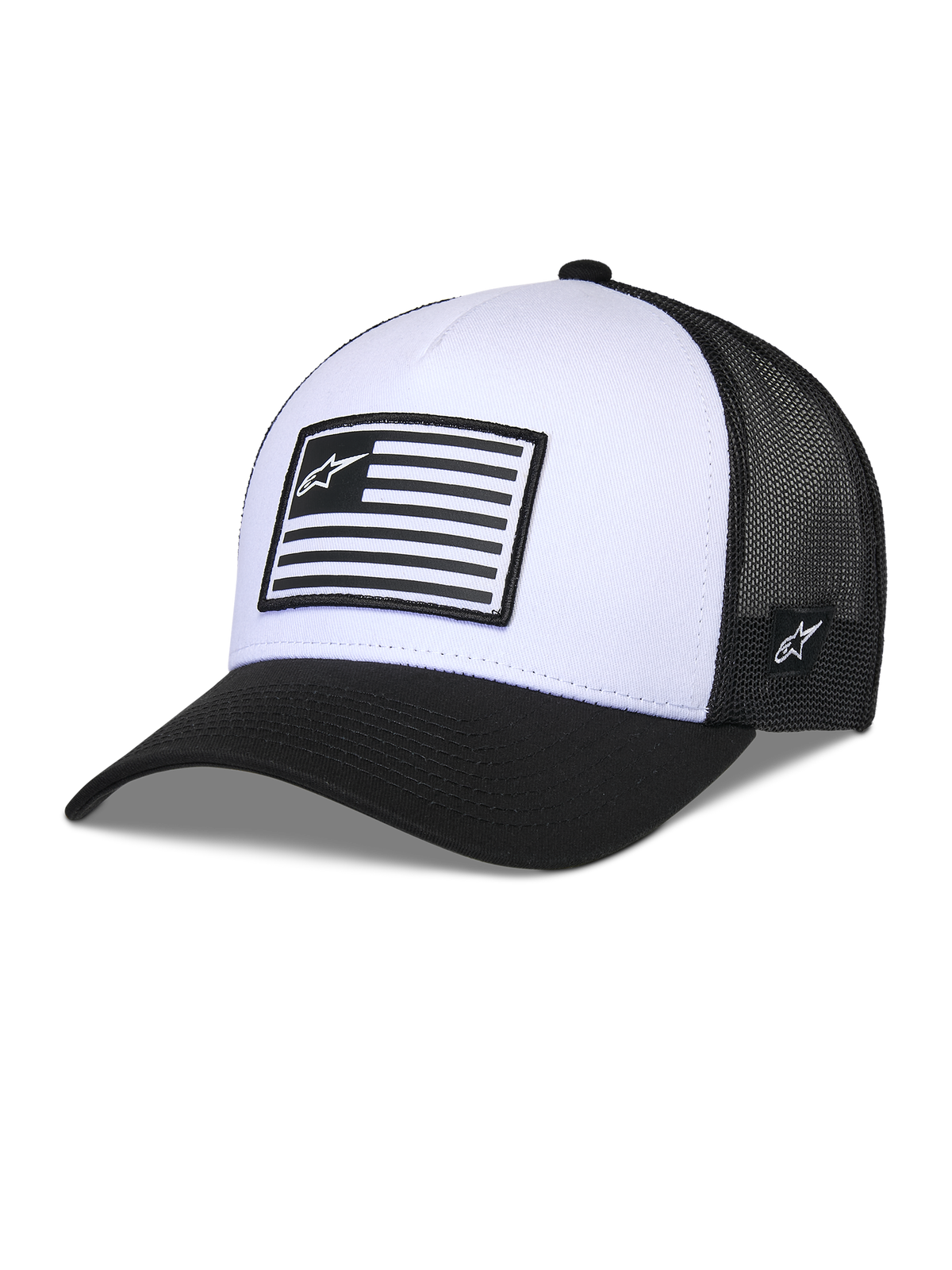 Alpinestars Flag Snapback Hat, branco e preto, copa estruturada com pala curva, painel frontal branco e malha traseira preta, com patch retangular de logótipo estilo bandeira, acessório casual inspirado no desporto motorizado