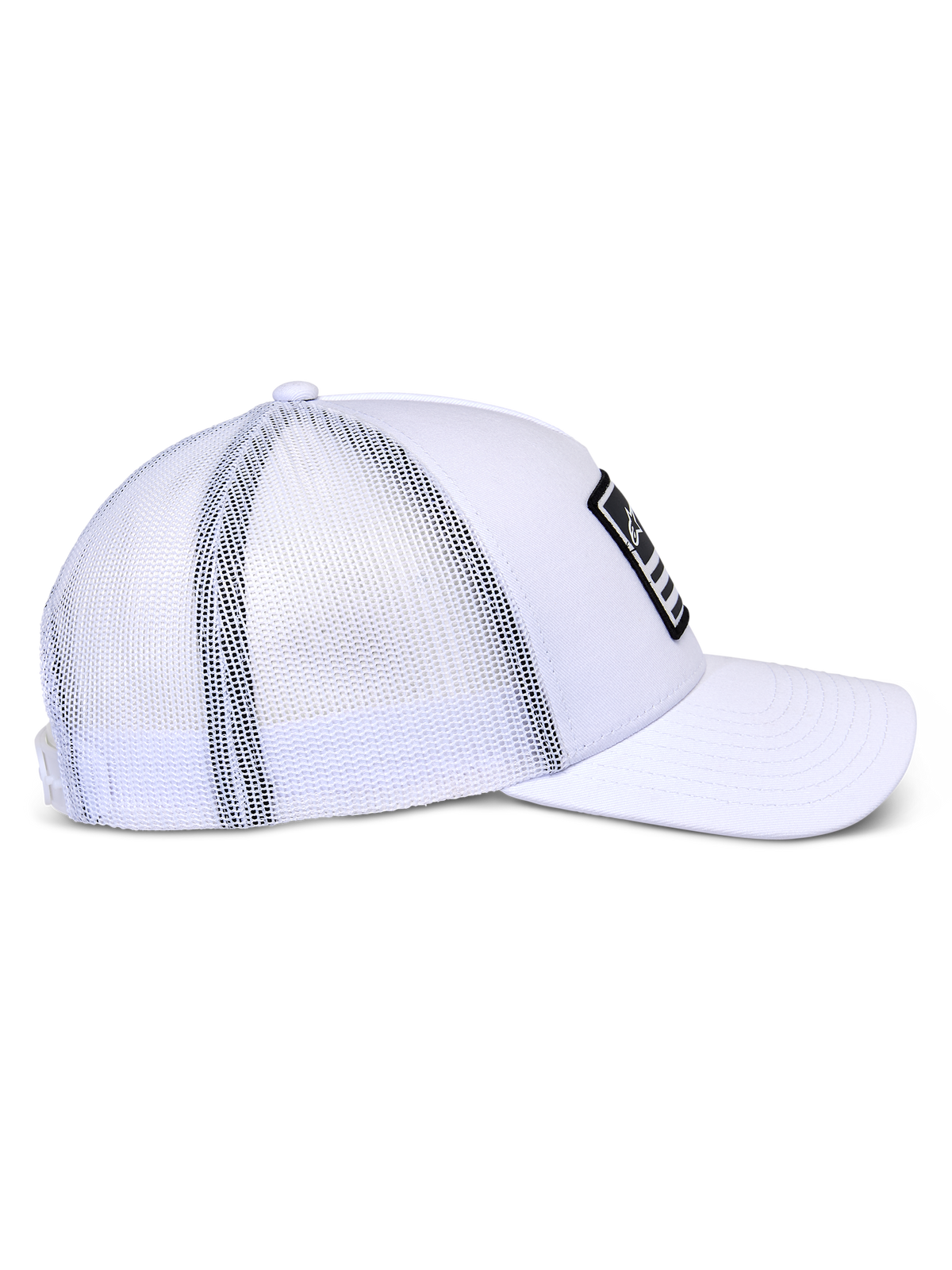 Alpinestars Flag Snapback Hat, Trucker-style cap, White, side profile showing white twill front and breathable mesh back, curved bill, black merrow patch with white logo, casual motorsport headwear