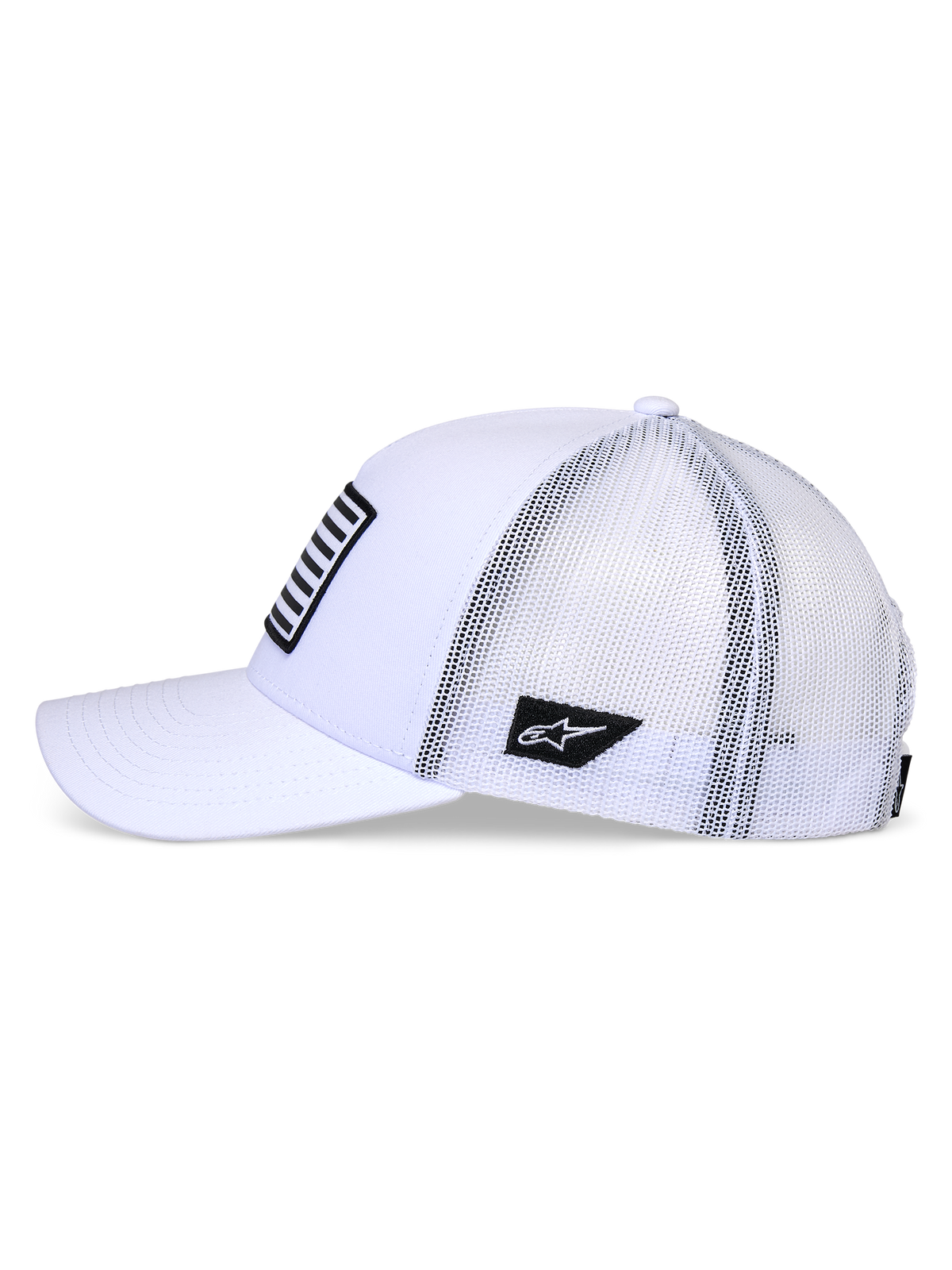Alpinestars Flag Snapback Hat, White, side profile view of trucker-style cap with curved bill and white mesh back, featuring black logo patch on the side and striped front patch