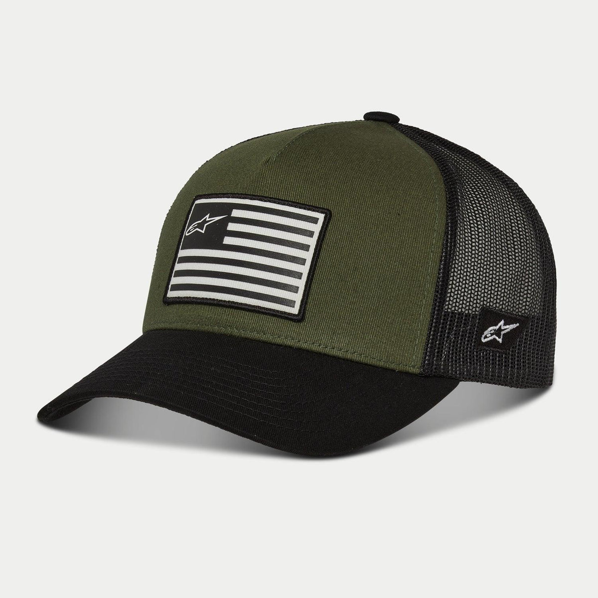 Alpinestars Flag Snapback Hat, Military Black, olive green front panel with black curved bill and black mesh back, featuring a front flag patch with logo and side embroidery, casual motorsport-inspired streetwear