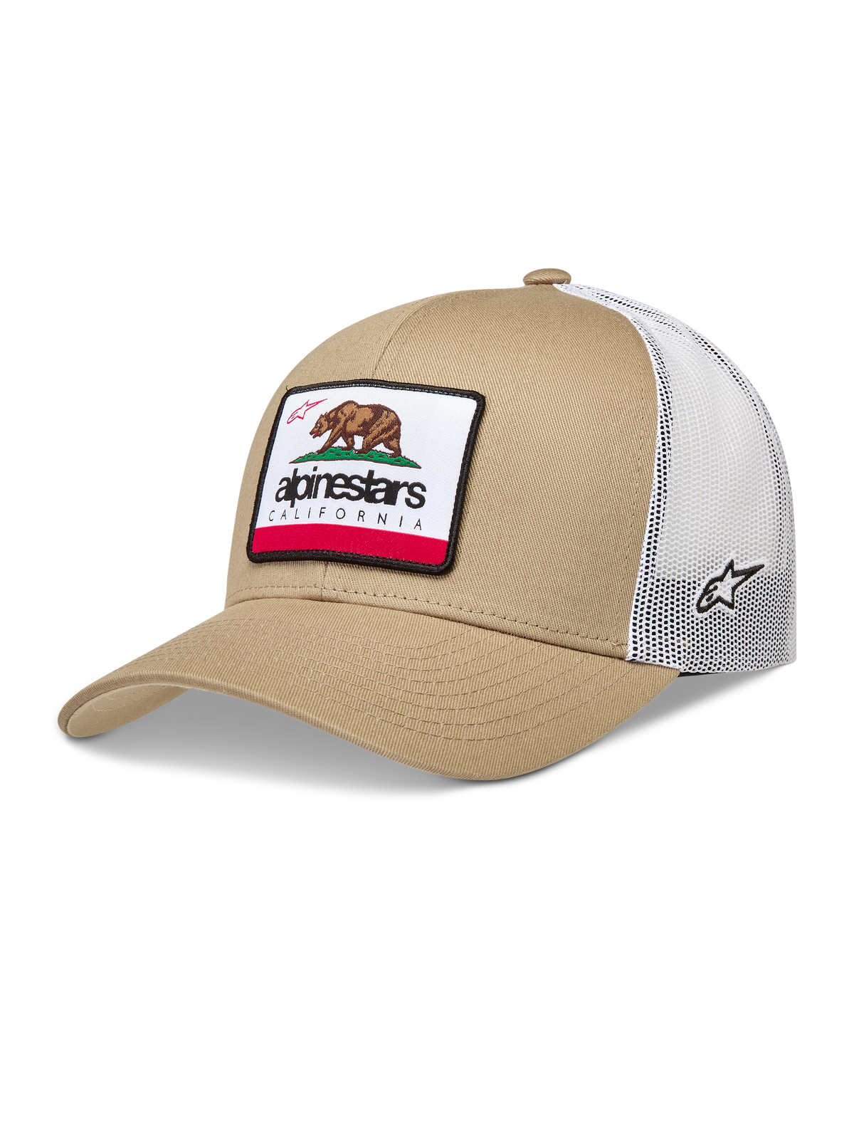 Alpinestars Cali 2.0 Chapéu, boné trucker cáqui e branco, com malha traseira, aba curva e patch tecido do urso da Califórnia.