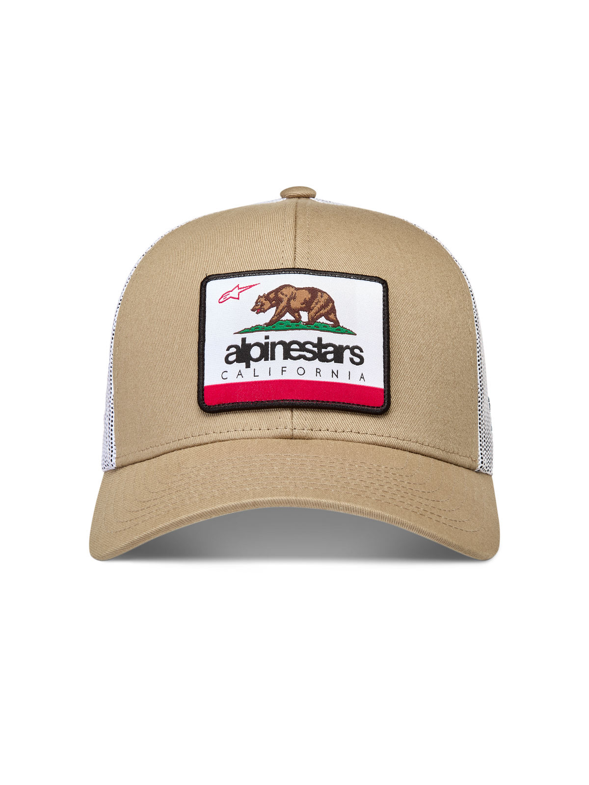 Alpinestars Cali 2.0 Chapéu, boné trucker de sportswear com aba curva, castanho e branco, com patch de urso da Califórnia.