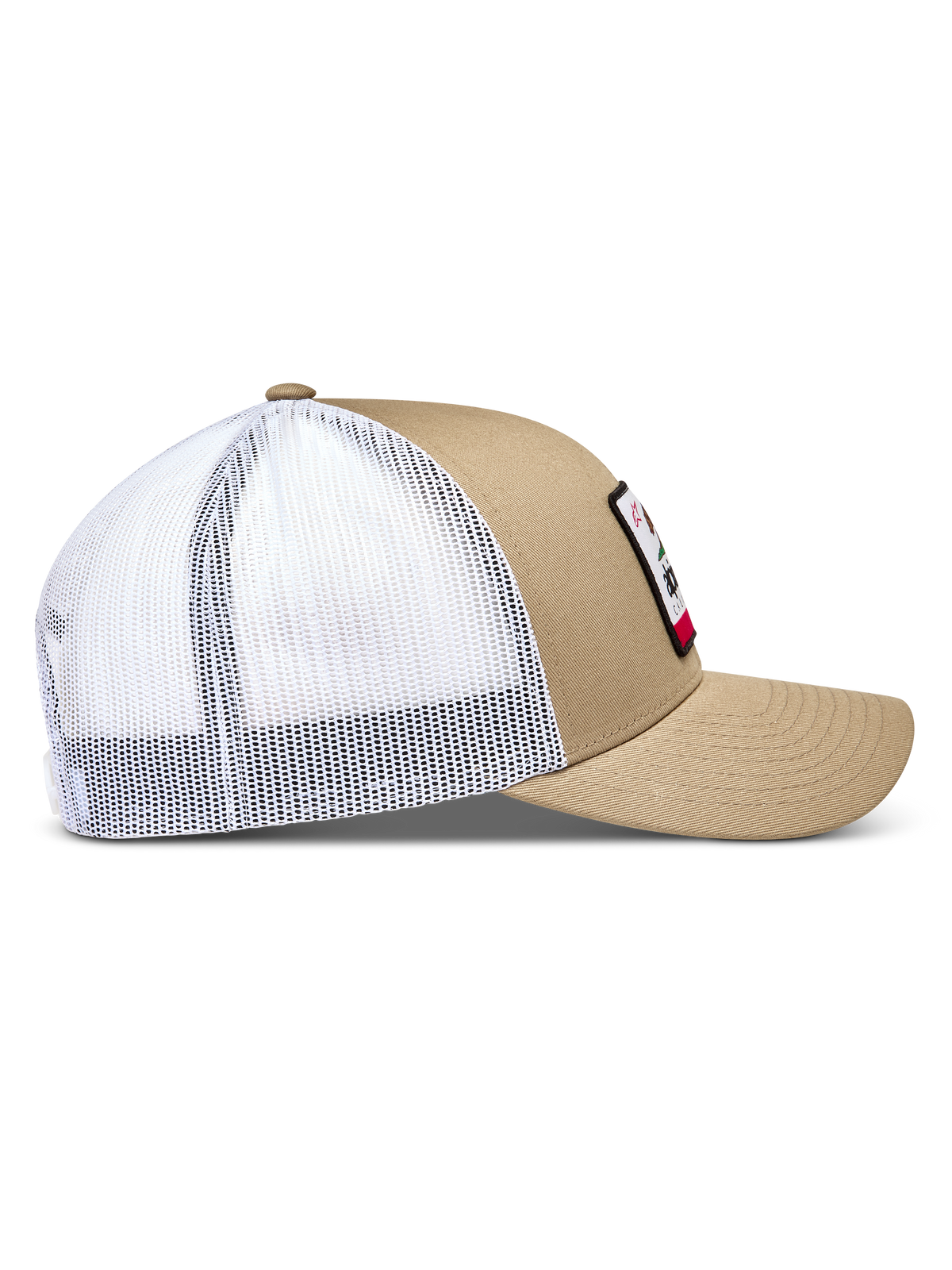 Alpinestars Cali 2.0 Chapéu, boné trucker de aba curva e coroa estruturada, areia e branco, com malha respirável para sportswear.
