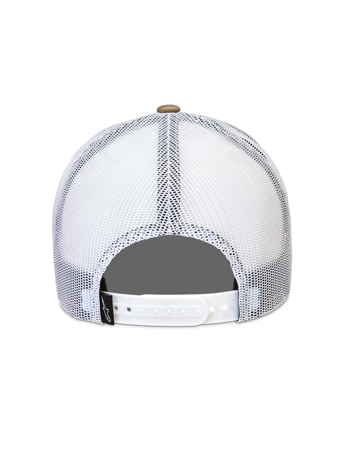 Alpinestars Cali 2.0 Chapéu, boné trucker de sportswear, branco e castanho, com malha de poliéster respirável e fecho snapback ajustável, vista traseira.