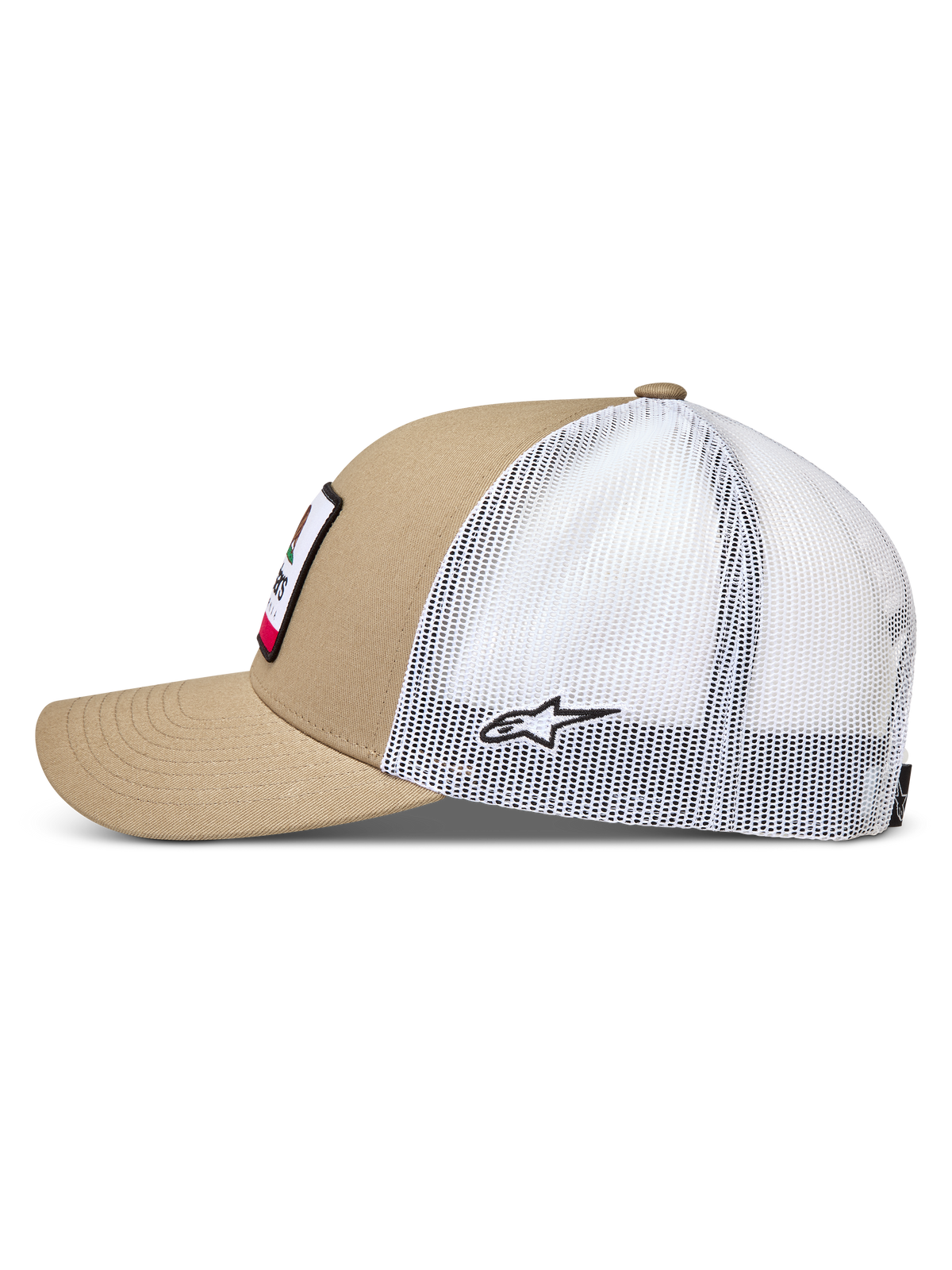 Alpinestars Cali 2.0, boné trucker com aba curva, bege e branco, painéis em malha respirável, estilo sportswear casual