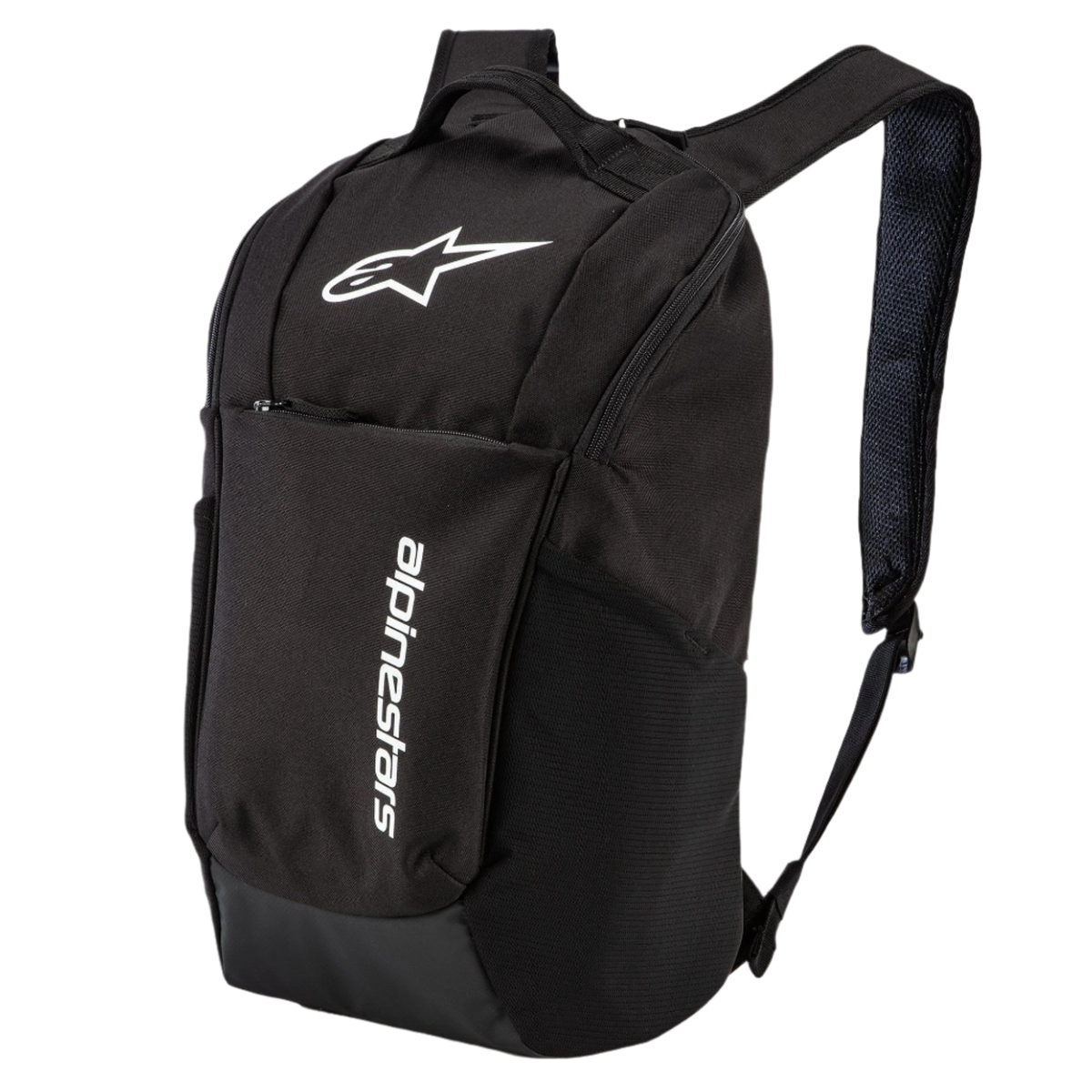 Alpinestars Defcon V2 Backpack, preta, mochila diária de pequeno tamanho com logótipo branco impresso e branding vertical, com bolsos laterais em malha e alças de ombro em malha de ar, design durável em poliéster 600D