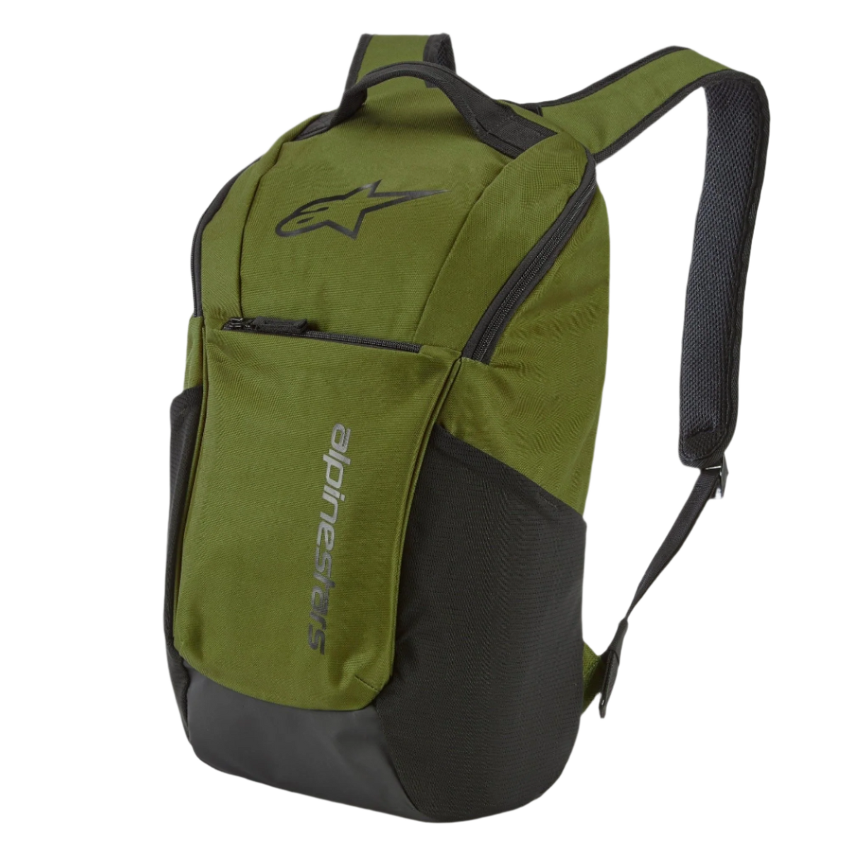 Mochila Alpinestars Defcon V2, mochila de sportswear, verde militar com detalhes em preto, com o logótipo Astar e marca vertical, bolsos laterais em rede e alças de ombro acolchoadas em malha ventilada