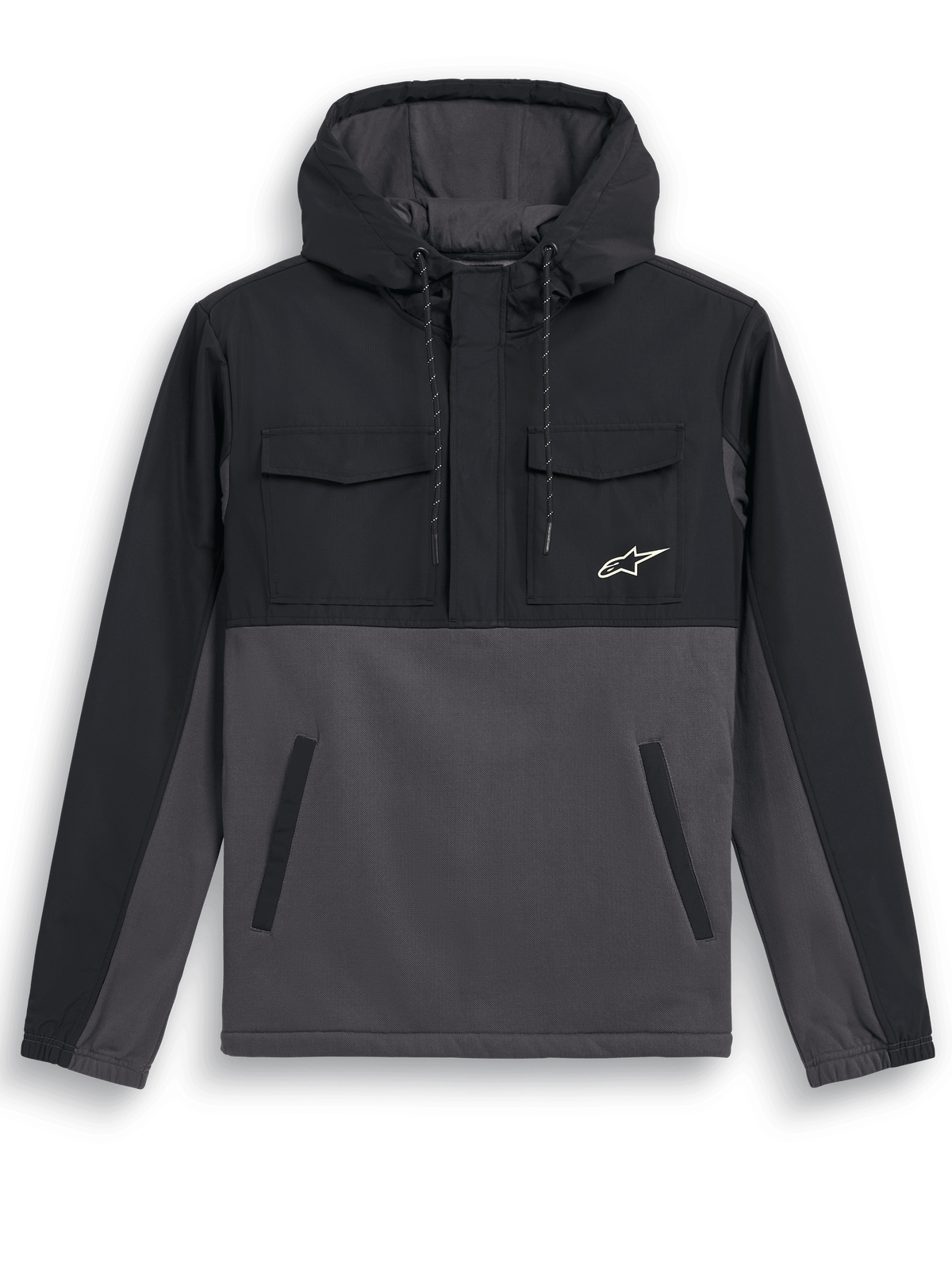 Alpinestars Casaco Juncture Hybrid, casaco anorak com capuz, Black Gunmetal, design de materiais mistos com sobreposição de ripstop no canelado e capuz, corpo em lã de canvas, bolsos no peito com aba, bolsos inferiores com debrum, pequeno logótipo de estrela branco, casaco casual inspirado no desporto motorizado