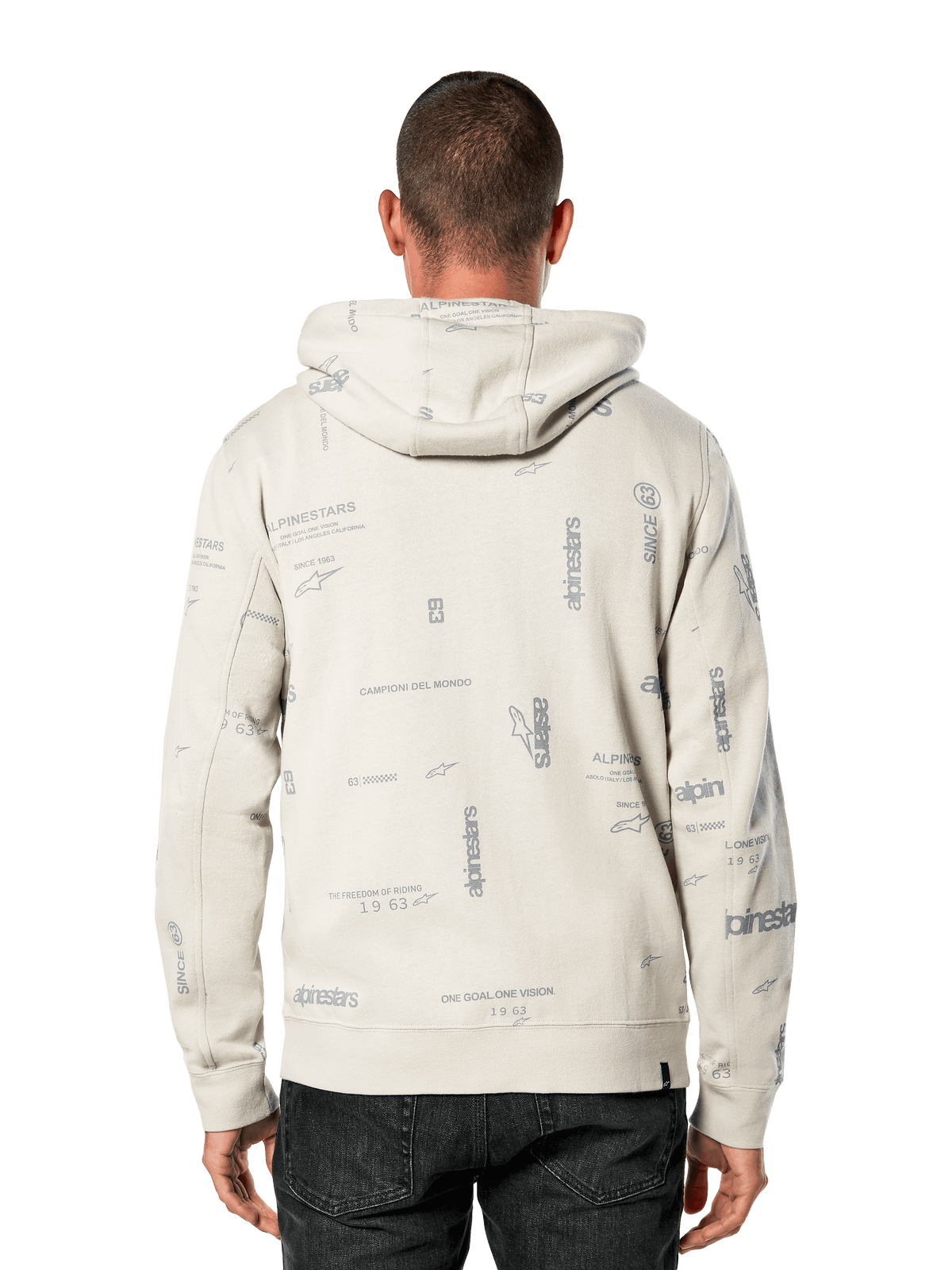 Alpinestars Plenitude Hoodie, back view, Off White with all-over gray print featuring brand slogans and logos, casual sportswear, ribbed cuffs and hem, hooded sweatshirt for everyday wear