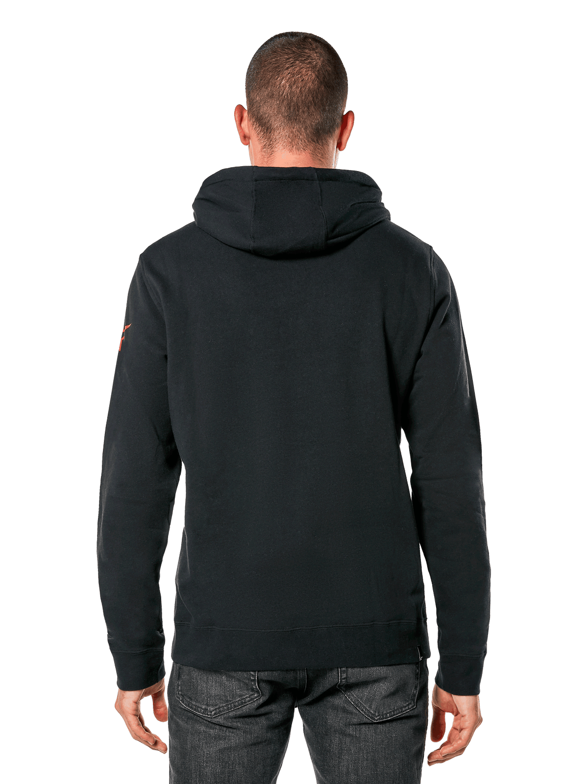 Alpinestars Linear Wordmark V3 Hoodie, streetwear casual, camisola preta com capuz vista de costas, logótipo vermelho na manga, punhos e bainha canelados, design moderno inspirado no desporto motorizado