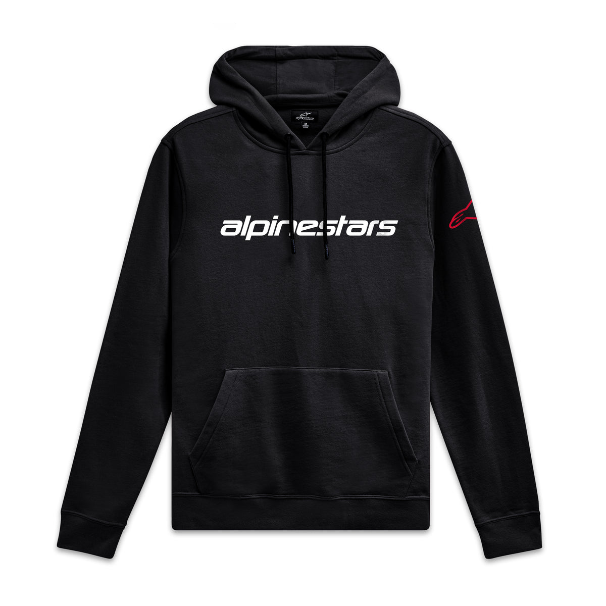 Alpinestars Linear Wordmark V3 Hoodie, camisola com capuz preta sportswear, logótipo frontal branco no peito e marca vermelha na manga