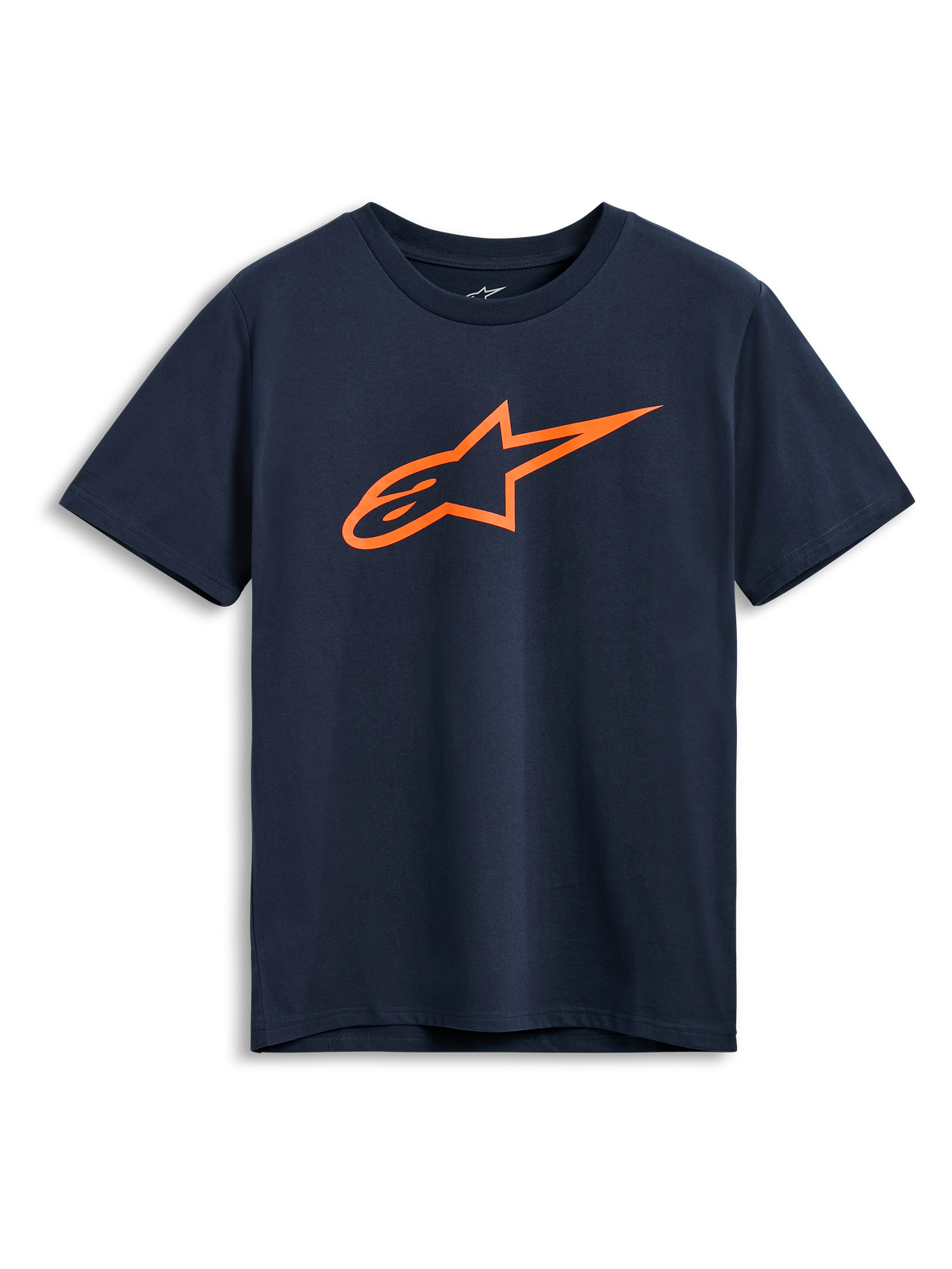 Alpinestars Ageless 2.0 CSF Tee, t-shirt de manga curta, azul-marinho, logótipo Astars laranja, roupa desportiva casual de desportos motorizados