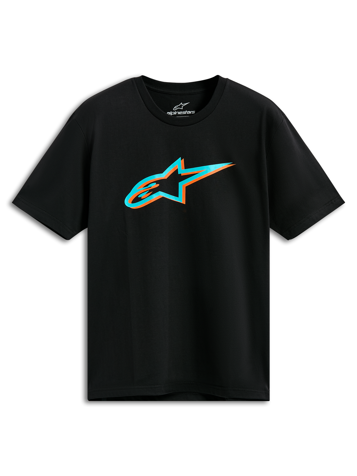 Alpinestars Ageless Shadow CSF Tee, t-shirt de manga curta, preta, logótipo Astars em sombra turquesa e laranja, streetwear casual de desportos motorizados