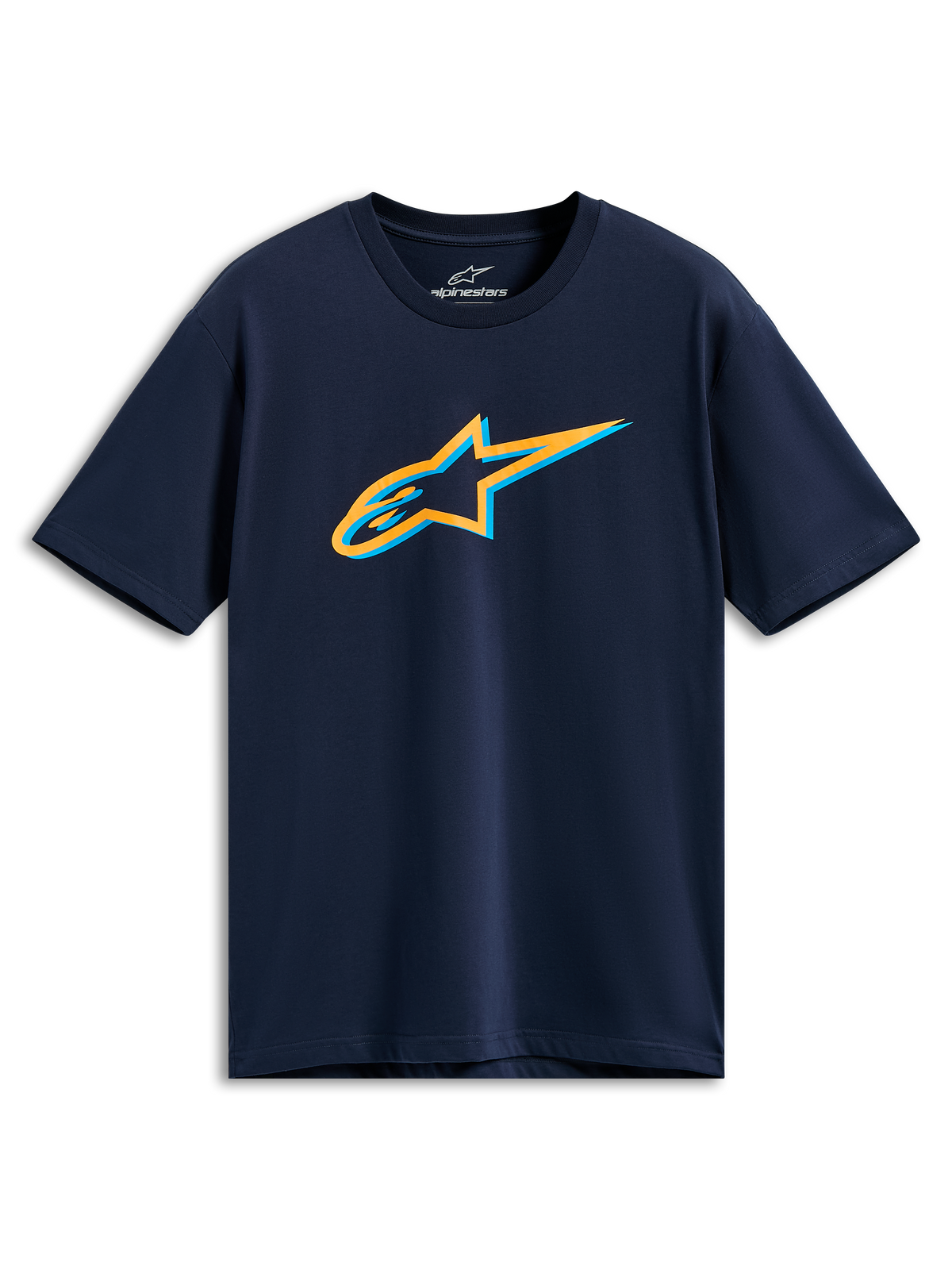 Alpinestars Ageless Shadow CSF Tee, T-shirt de manga curta, azul marinho, logótipo Ageless Shadow em laranja e azul claro no peito, roupa desportiva casual