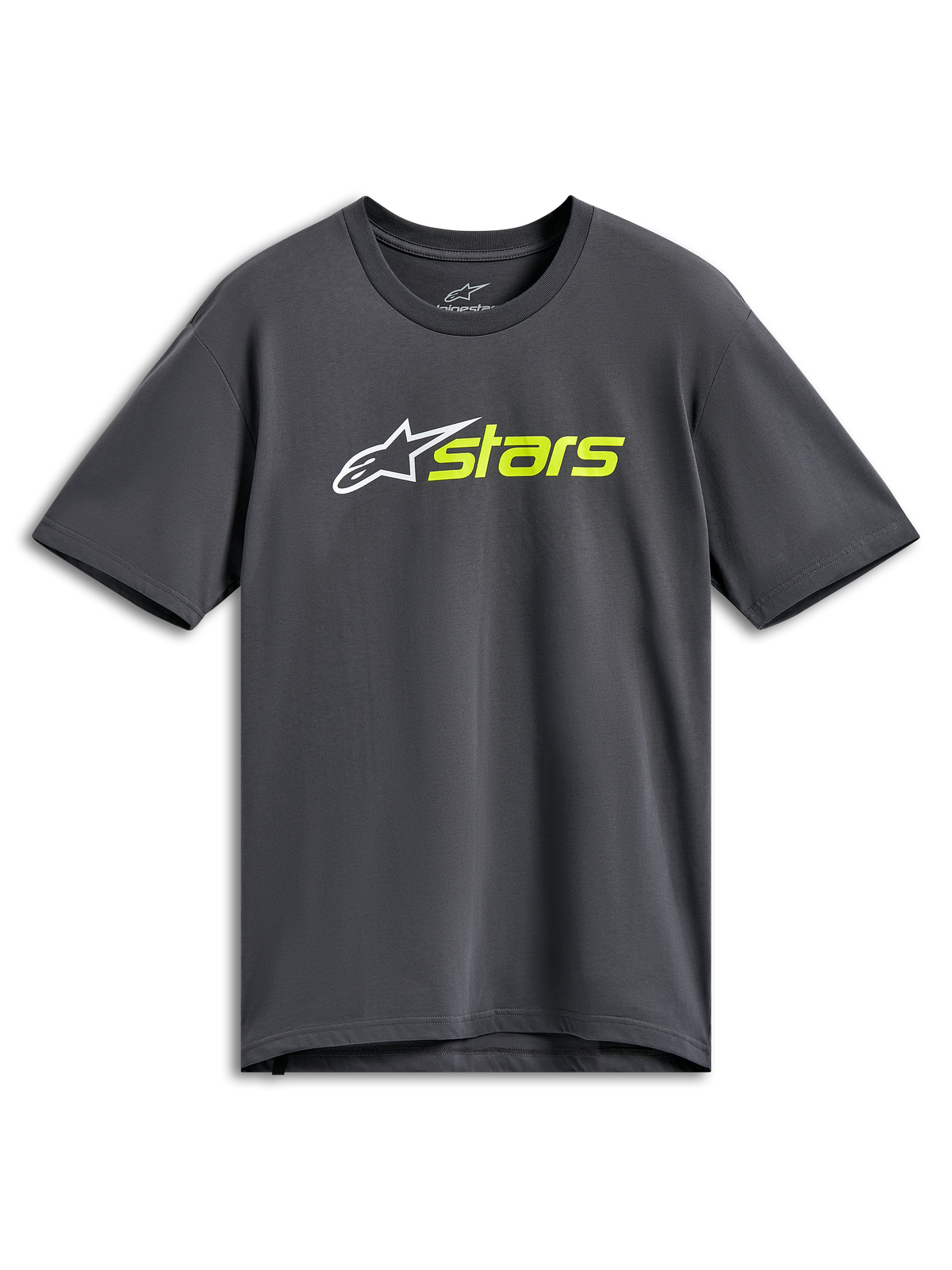 Alpinestars Blaze 2.0 CSF Tee, t-shirt de manga curta, cinzento carvão, logótipo de estrela branco com texto "stars" em amarelo néon, streetwear casual de desporto motorizado
