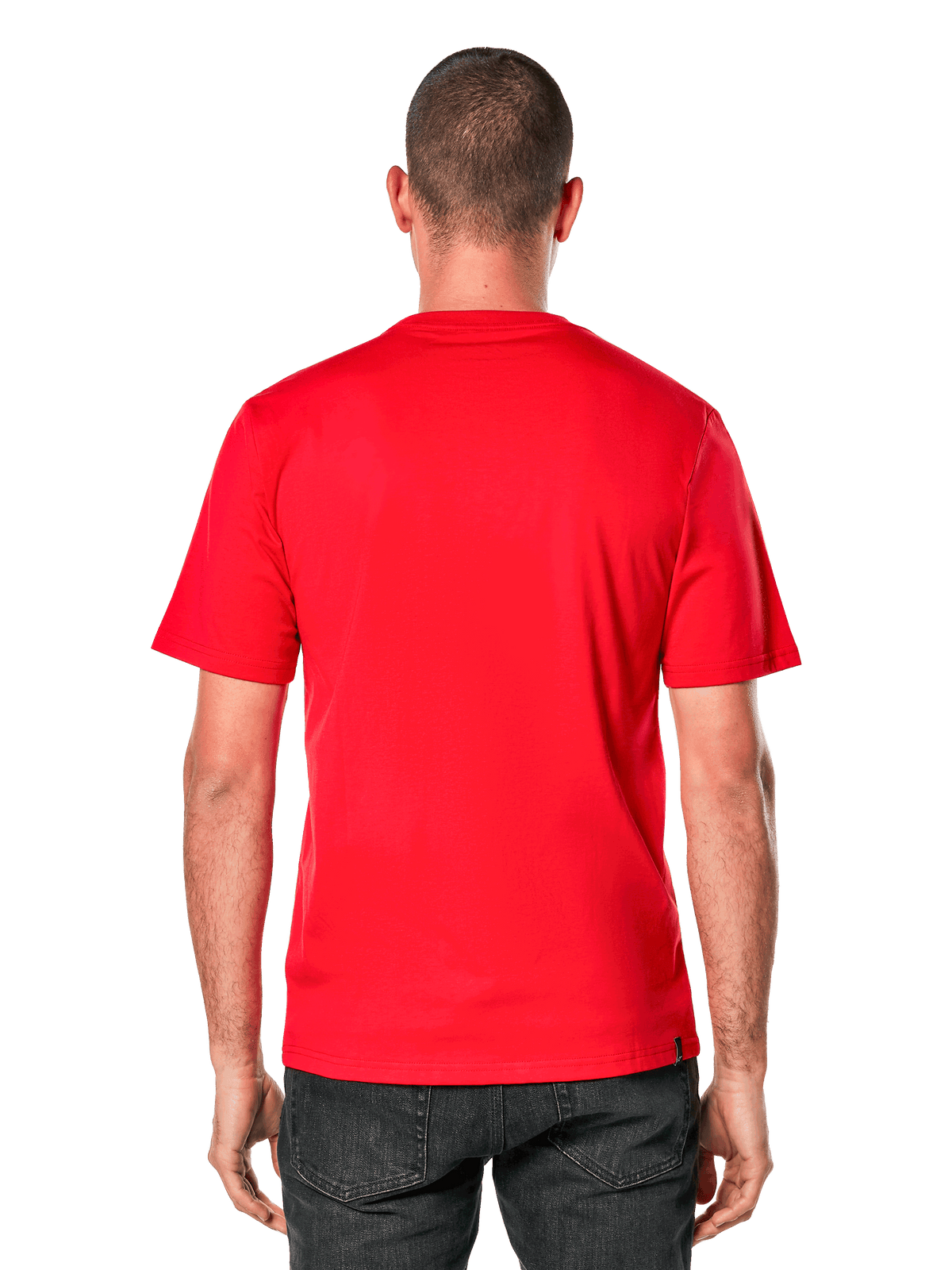 Alpinestars Ride 4.0 CSF Tee, T-shirt de manga curta, vermelha, vista traseira no modelo, tecido vermelho vivo com uma pequena etiqueta preta da marca na bainha, streetwear casual de desportos motorizados
