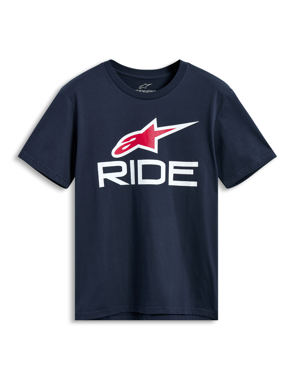 Alpinestars Ride 4.0 CSF Tee, Short Sleeve T-Shirt, Navy Blue, Red and White Astars Logo with White RIDE Graphic, Casual Motorsport Streetwear
