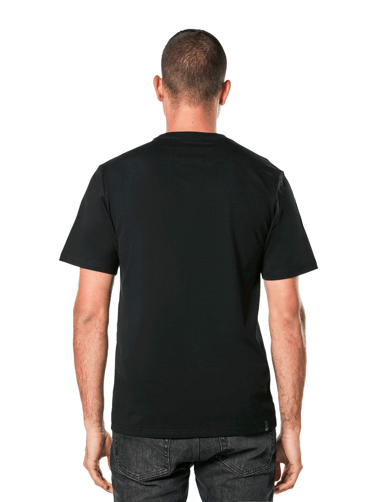 Alpinestars MX Helmet CSF Tee, t-shirt de manga curta, preta, vista traseira no modelo, streetwear casual de motorsport